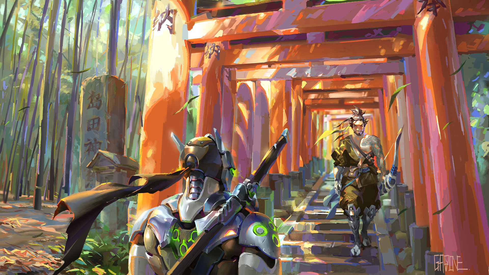 Genji and Hanzo from Overwatch in a Japanese Shrine HD Wallpaper