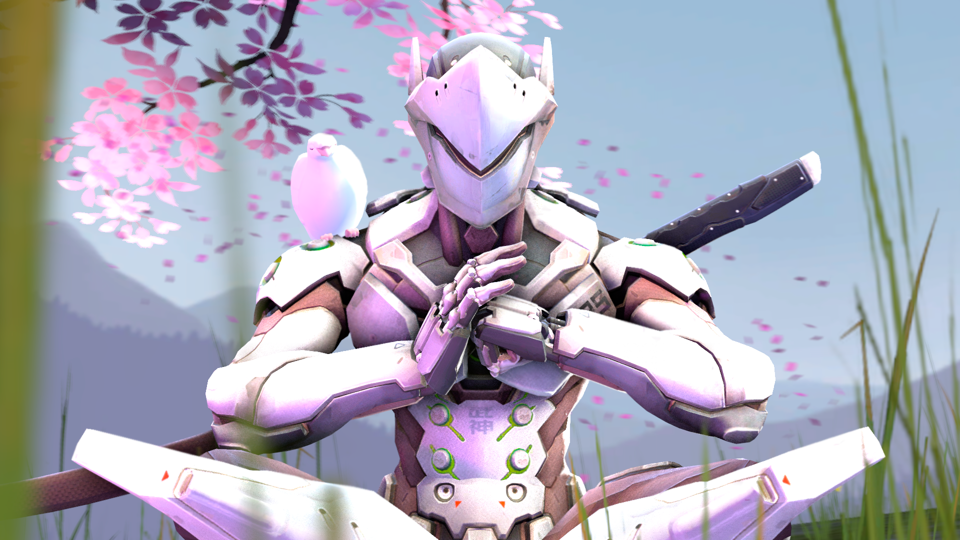 Genji from Overwatch meditating with a bird HD Wallpaper