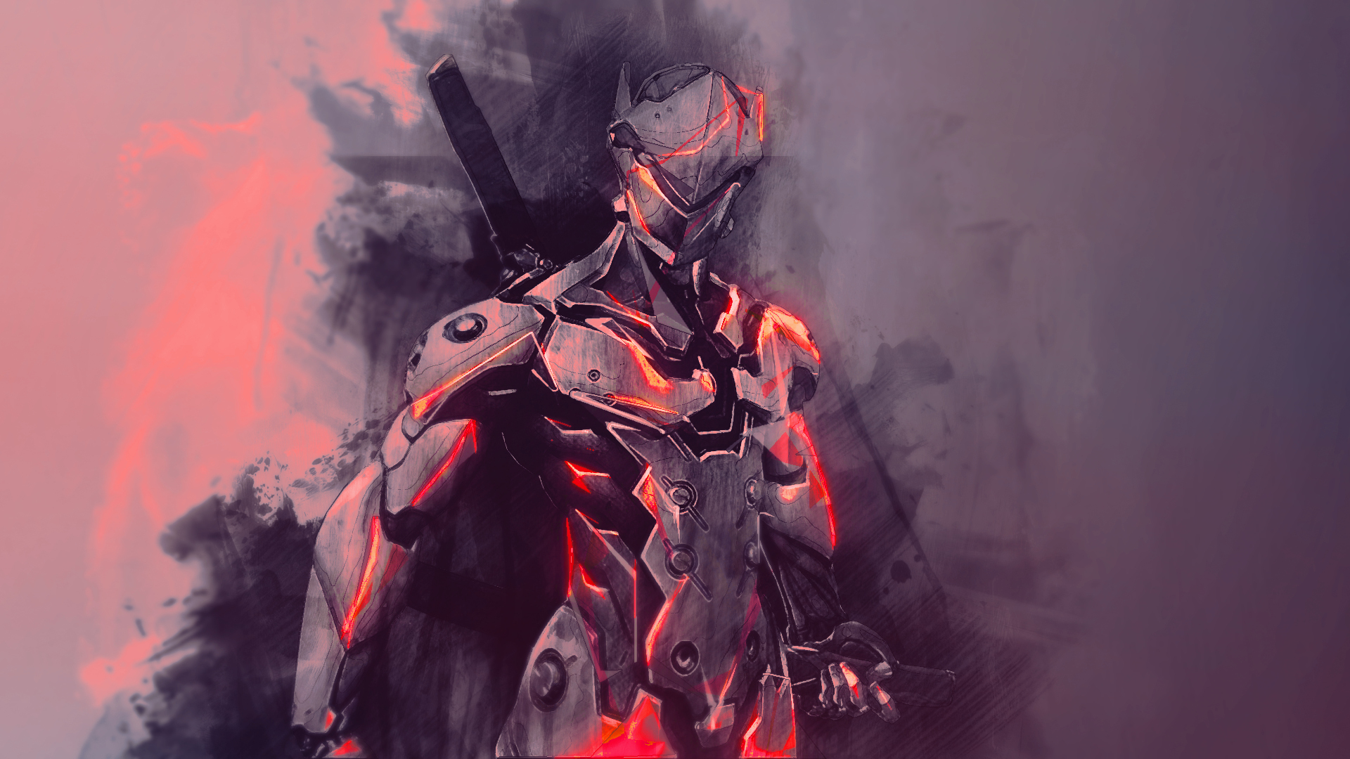 Genji from Overwatch with red accents HD Wallpaper