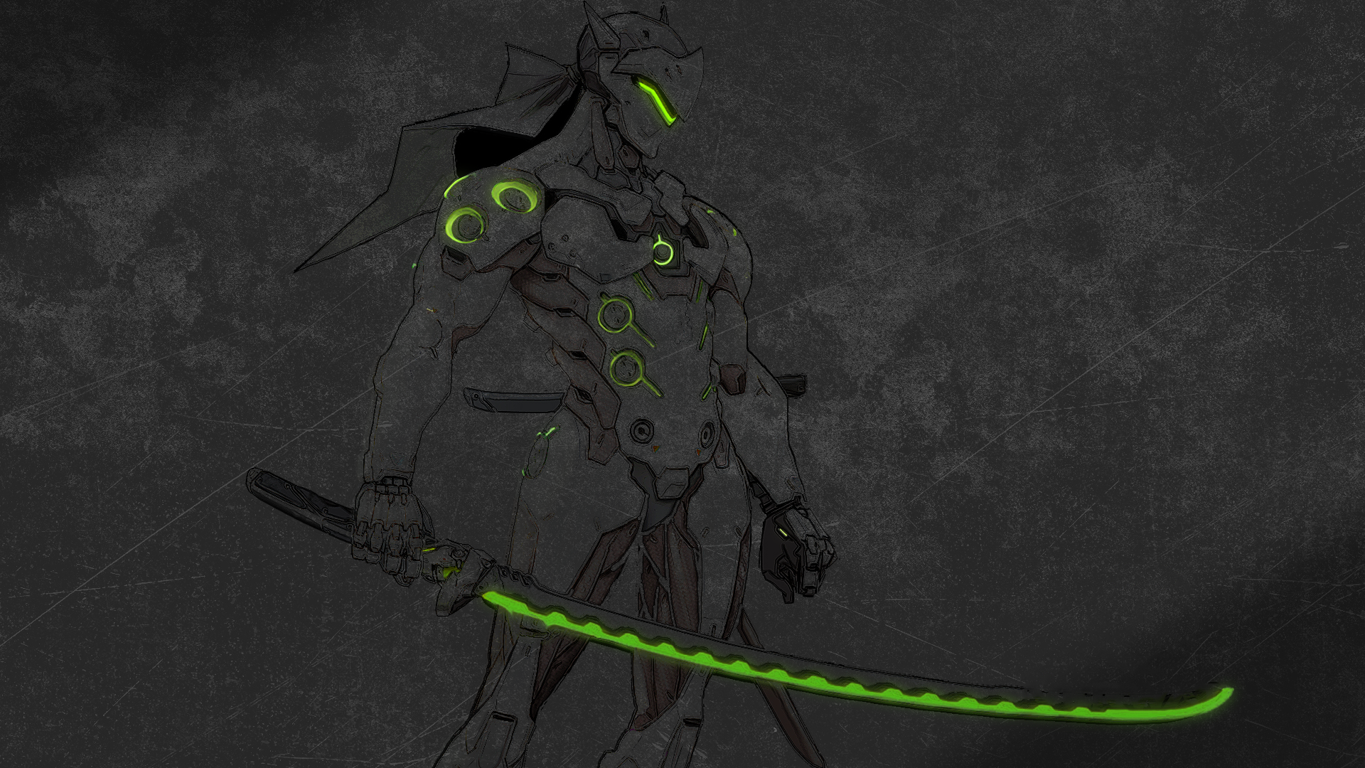 Genji from Overwatch with glowing katana HD Wallpaper
