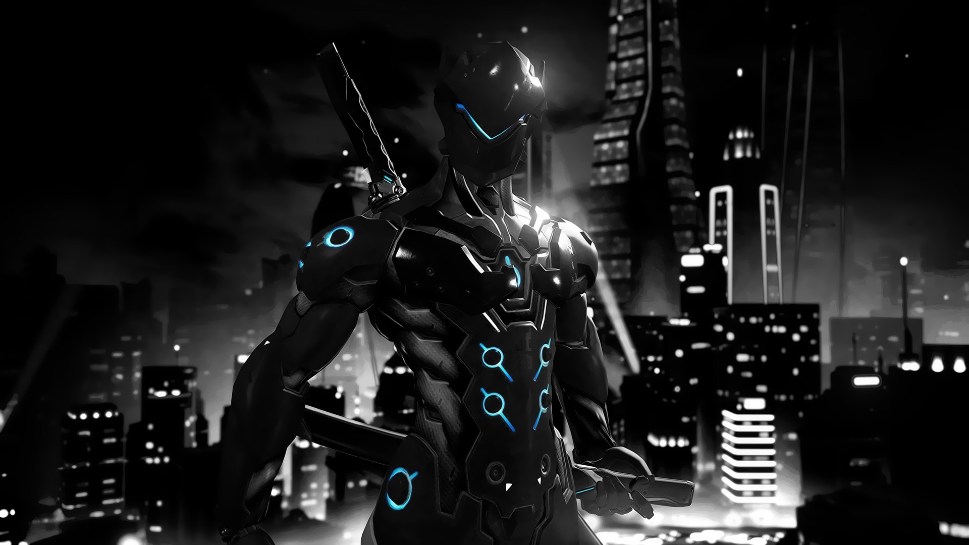 Genji from Overwatch in a futuristic city HD Wallpaper
