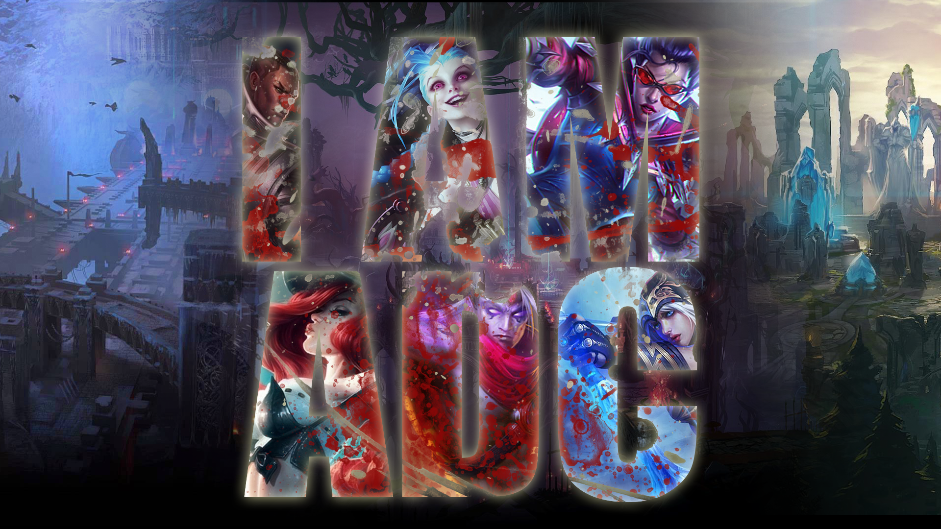 League of Legends characters in a blood-splattered collage HD Wallpaper