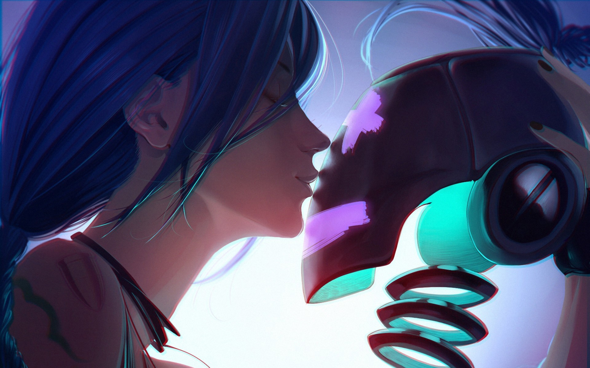 Jinx from League of Legends kissing a robot HD Wallpaper