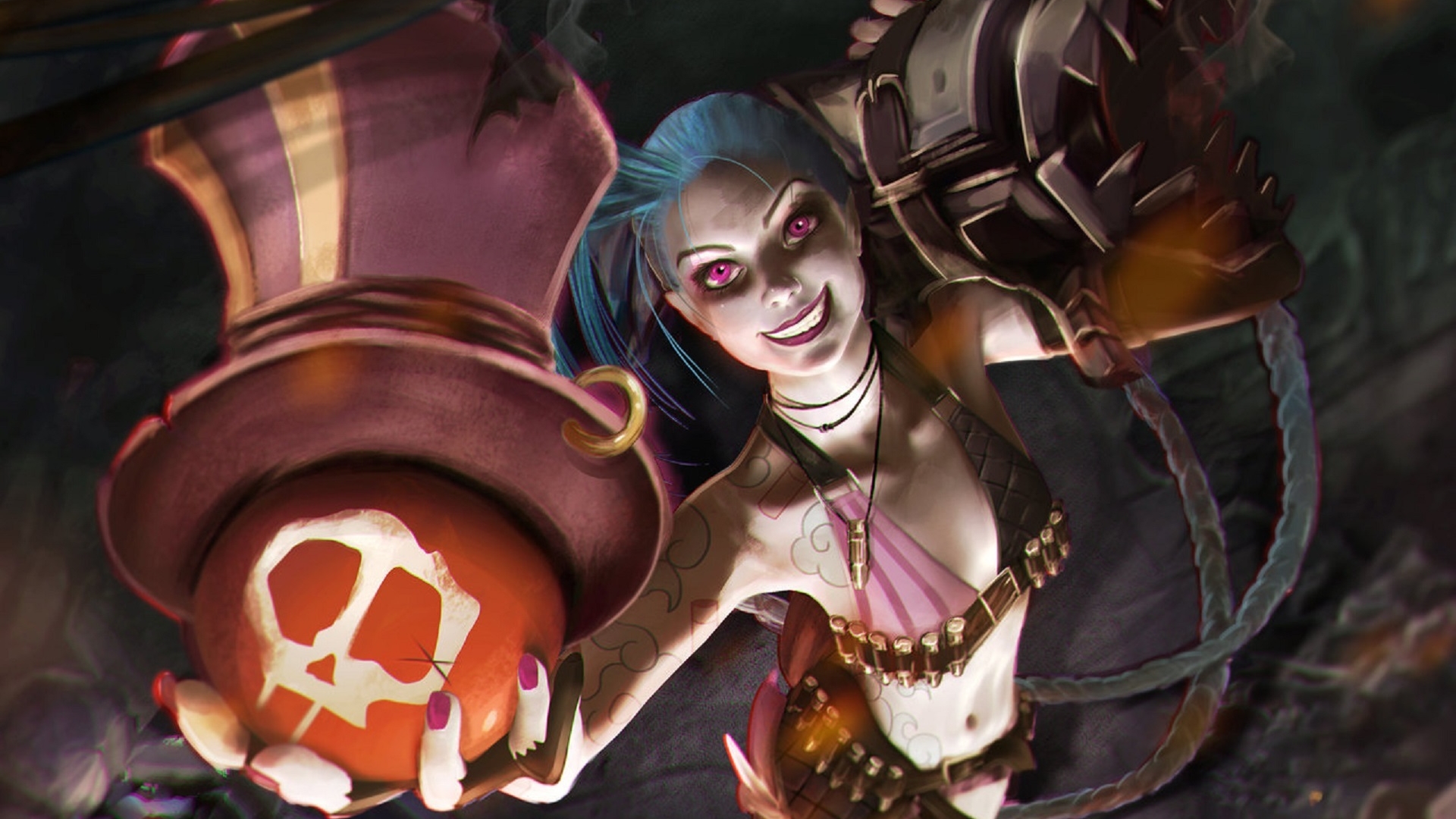 Jinx from League of Legends holding a pumpkin HD Wallpaper