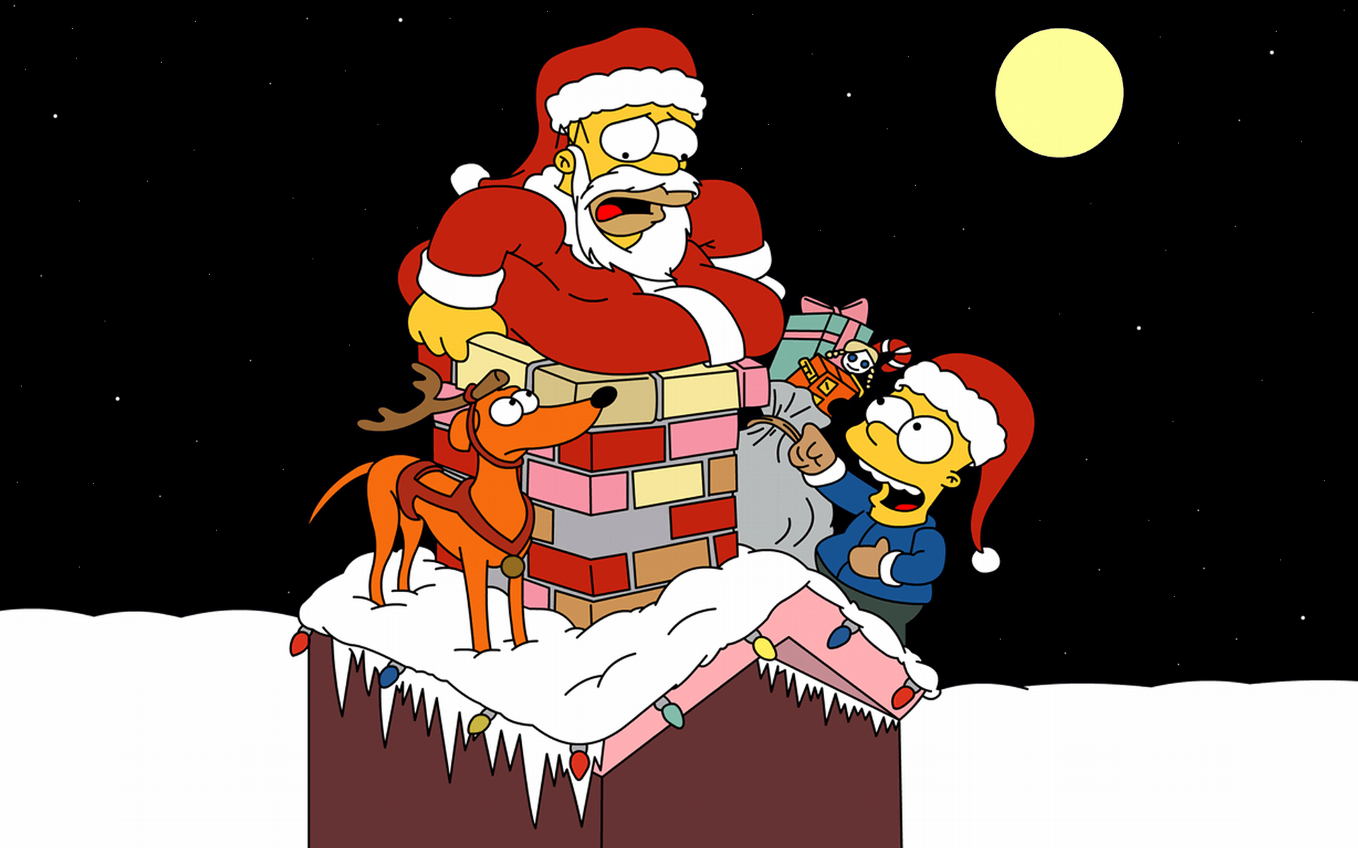 Homer Simpson and Bart Simpson as Santa Claus and helper HD Wallpaper