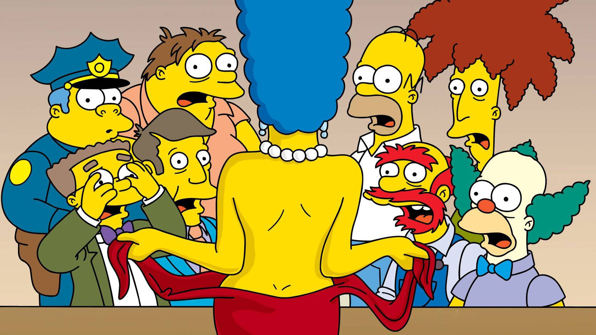 The Simpsons characters react to Marge's revealing outfit HD Wallpaper