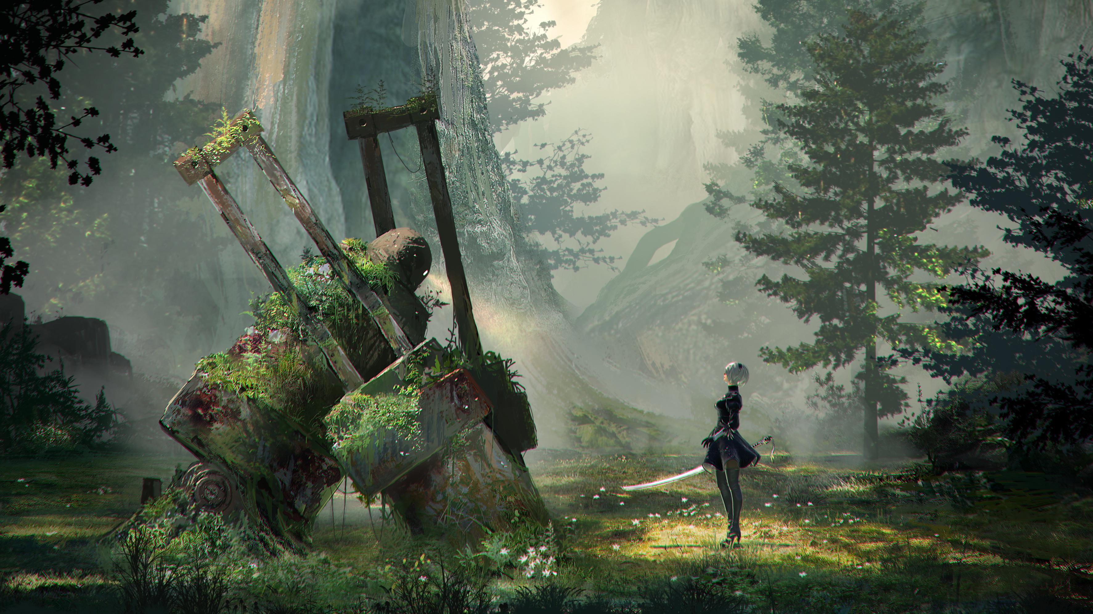 2B from NieR: Automata in a forest HD Wallpaper