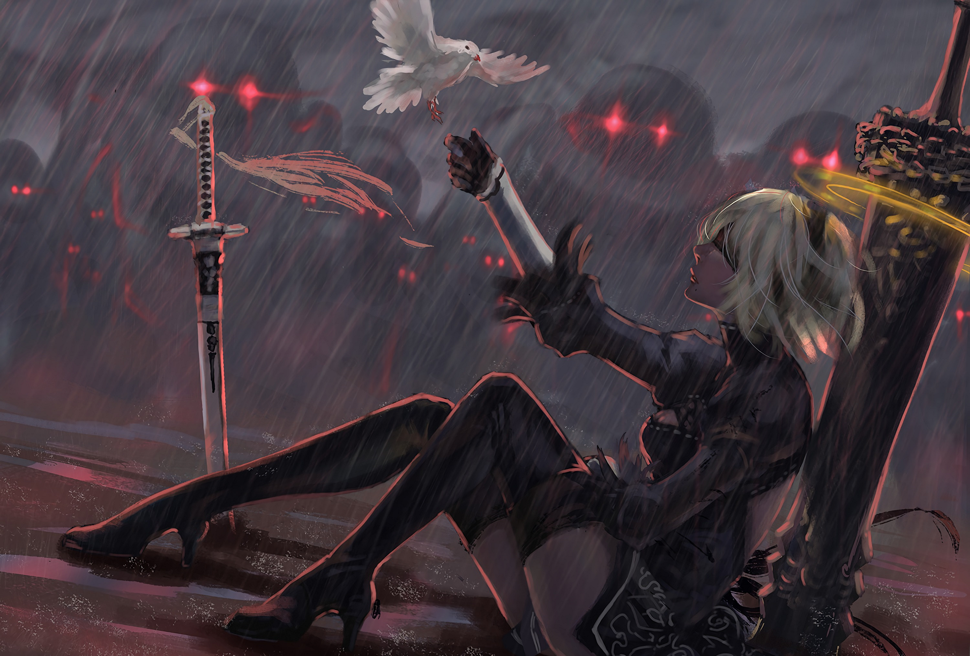 2B from NieR: Automata with a sword and a dove HD Wallpaper