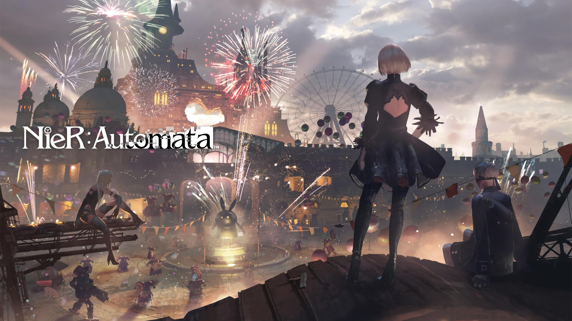 2B and 9S from NieR: Automata at a festival HD Wallpaper