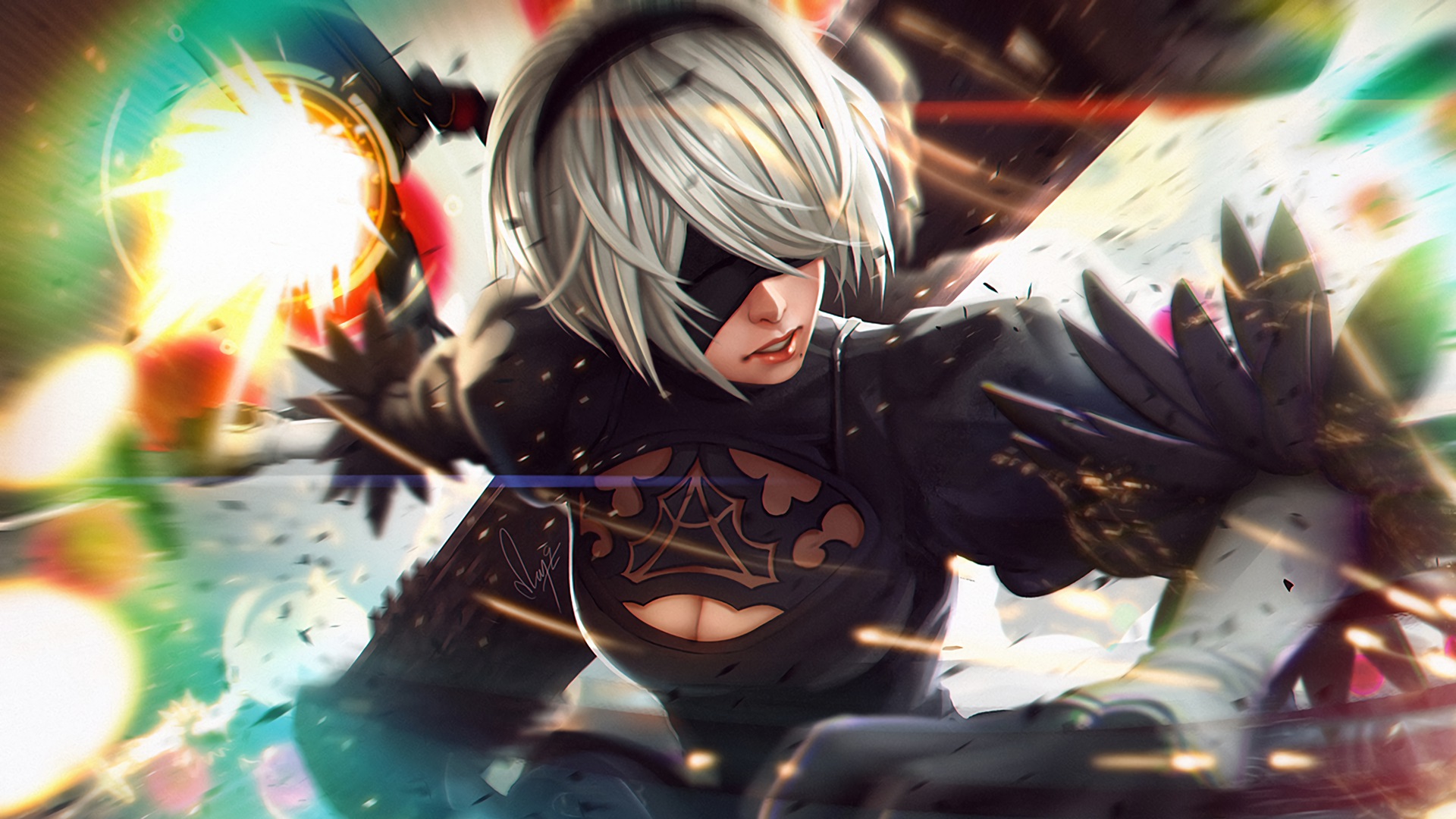 2B from NieR: Automata in action HD Wallpaper