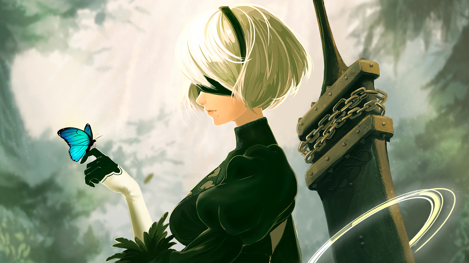 2B from NieR:Automata with a butterfly HD Wallpaper