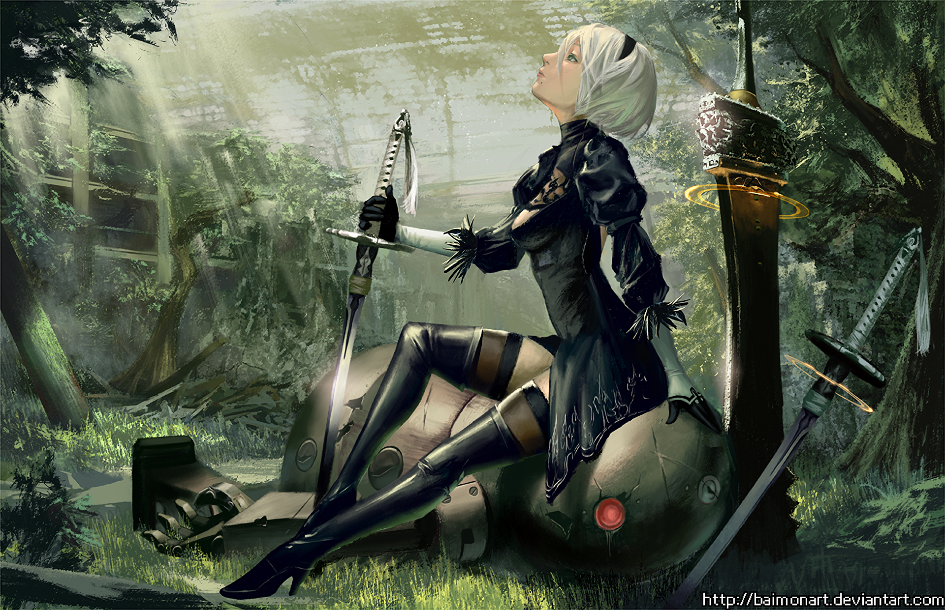 2B from NieR:Automata sitting on a robot in a forest HD Wallpaper