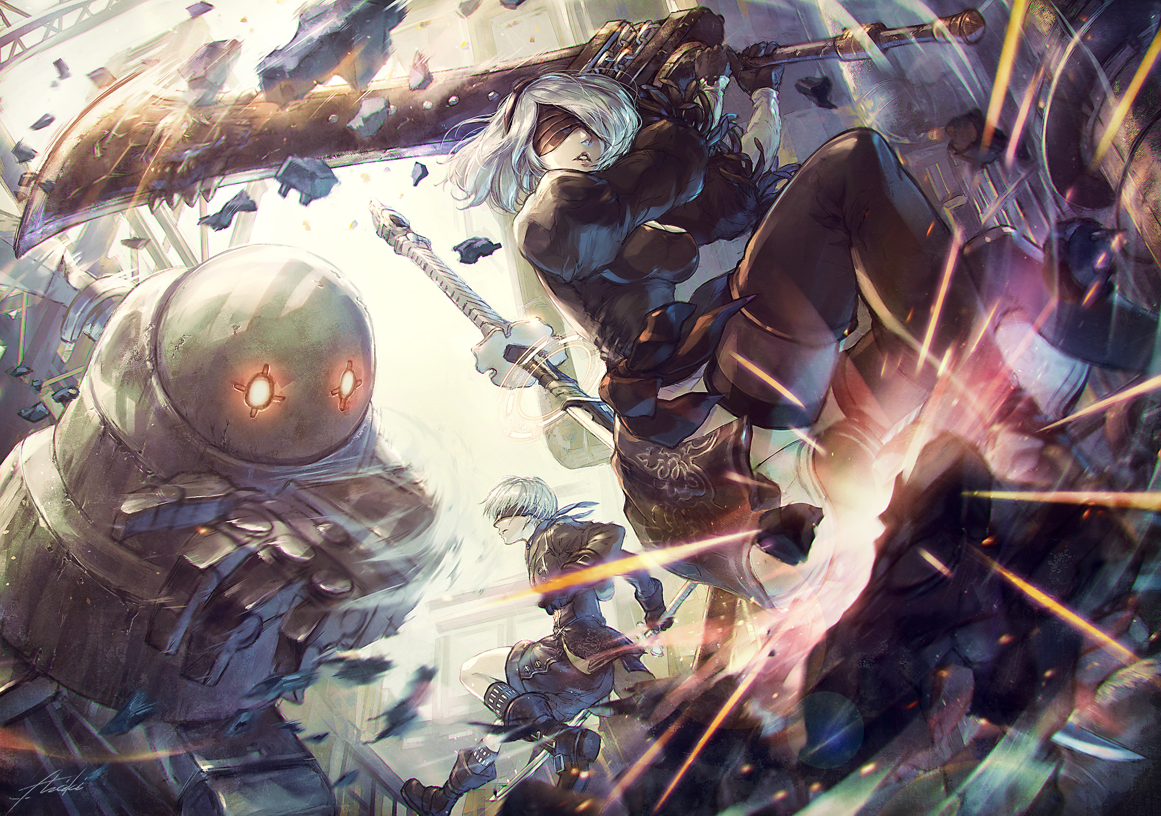 2B and 9S from NieR: Automata fighting a large robot HD Wallpaper