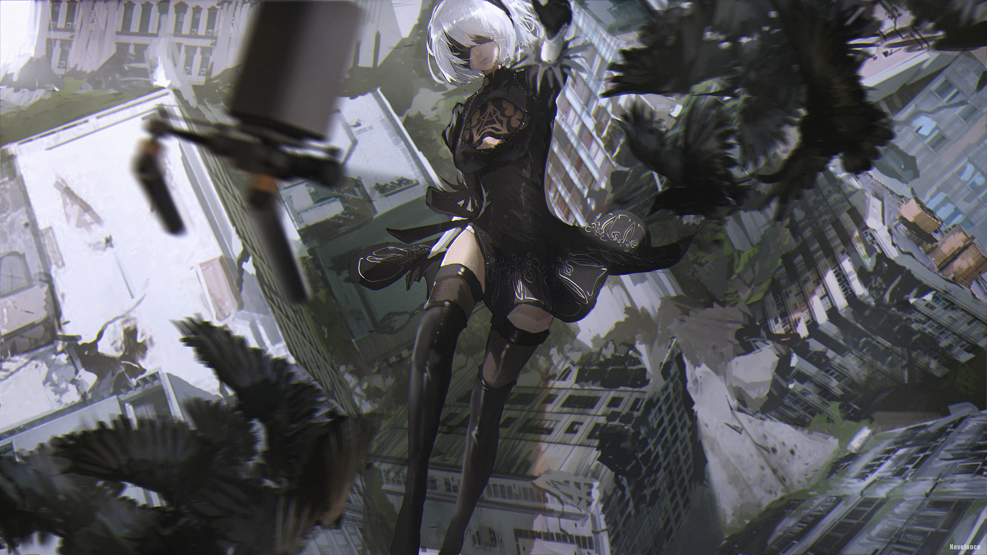 2B from NieR:Automata in a ruined city HD Wallpaper