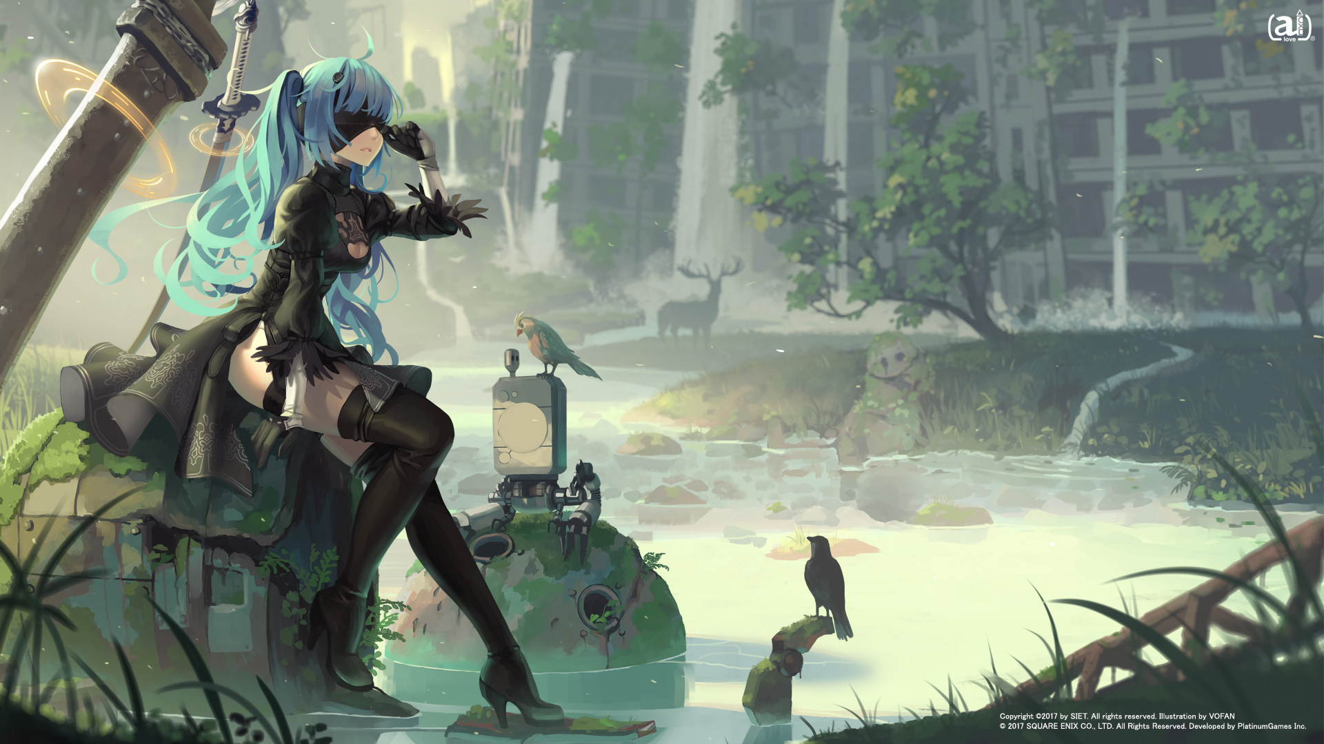 2B from NieR: Automata with sword in ruined city HD Wallpaper