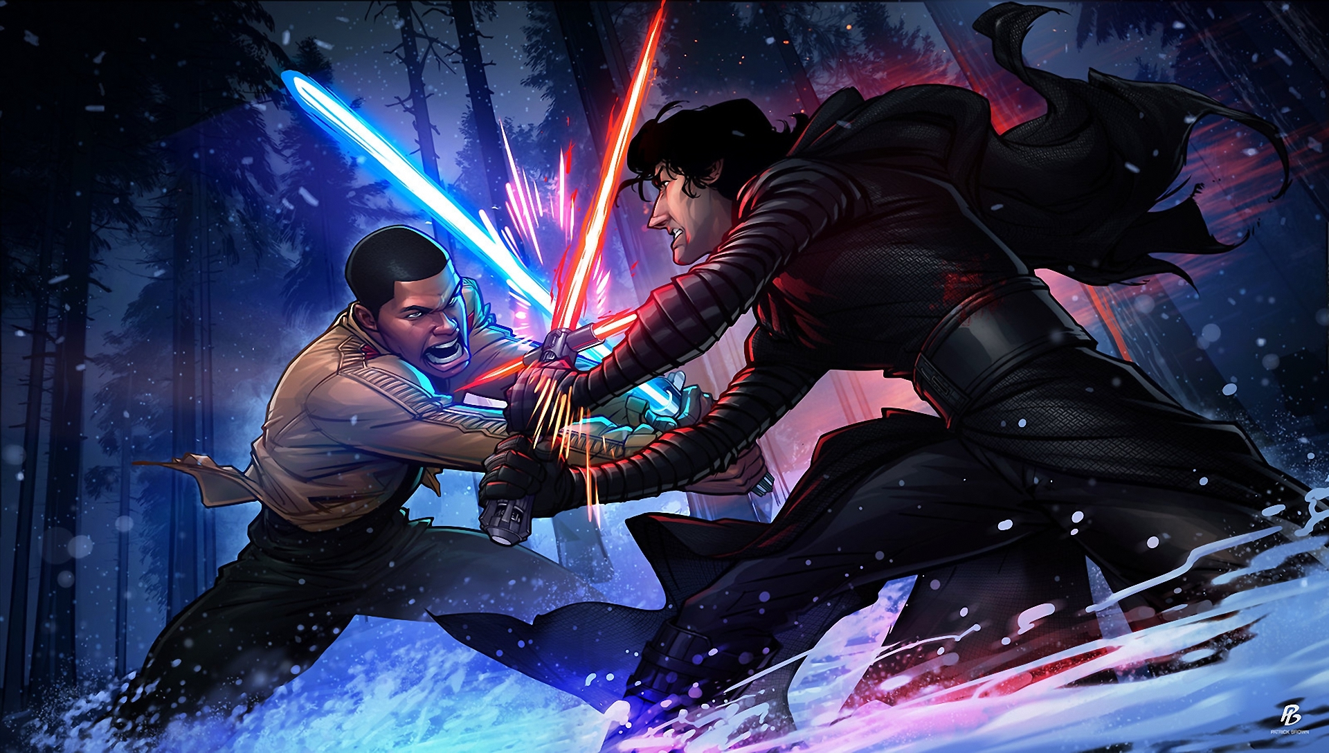 Finn and Kylo Ren fighting with lightsabers in Star Wars HD Wallpaper