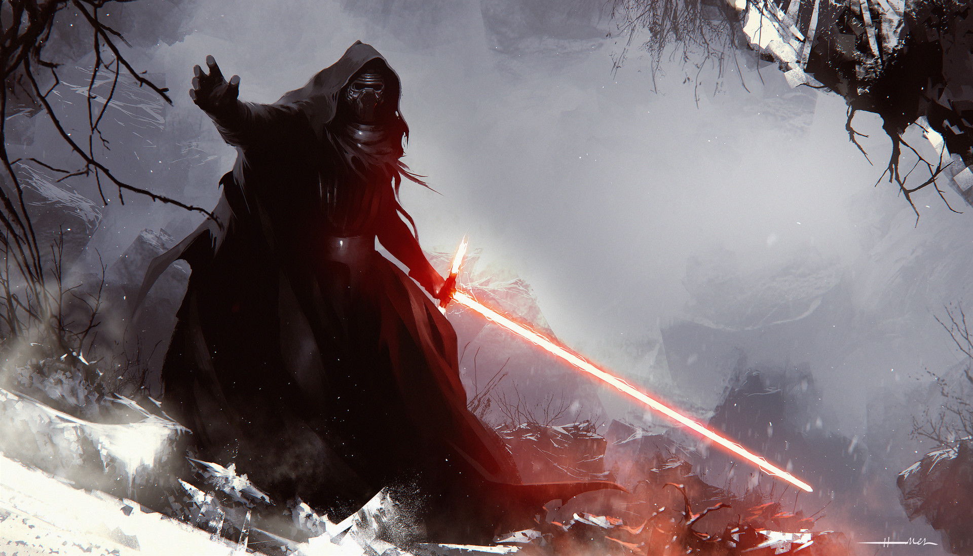 Kylo Ren from Star Wars with a red lightsaber HD Wallpaper