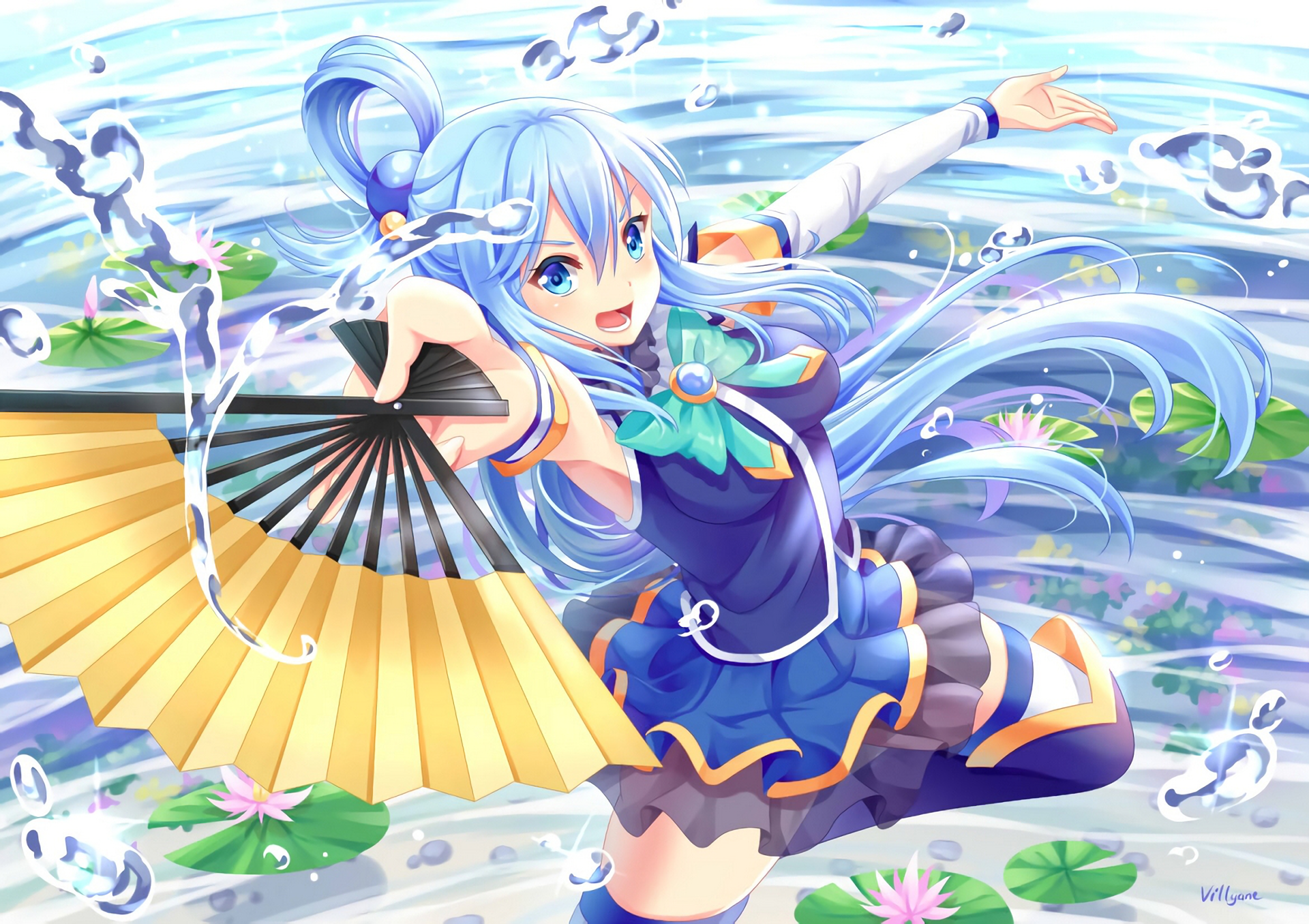 Aqua from KonoSuba with a fan HD Wallpaper