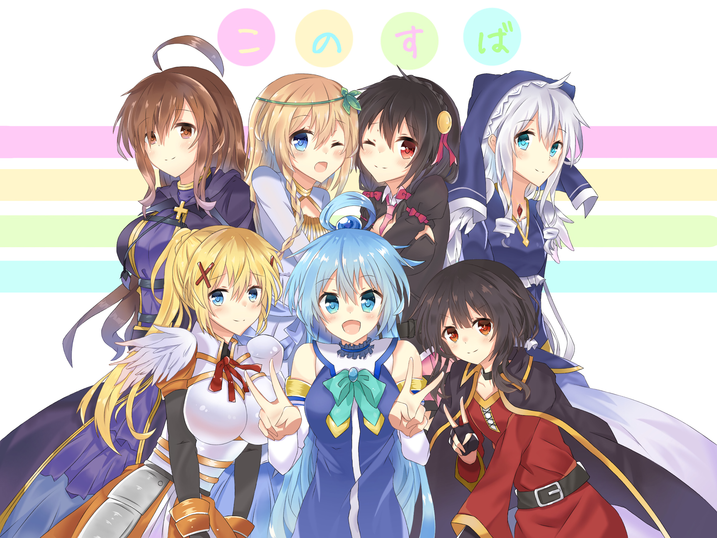 Konosuba characters posing together HD Wallpaper