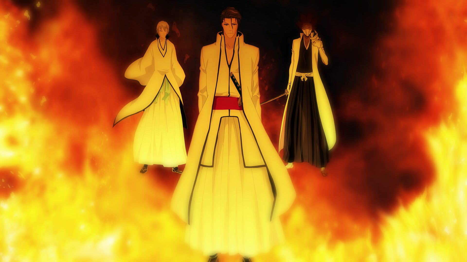 Three men in white robes standing in fire HD Wallpaper