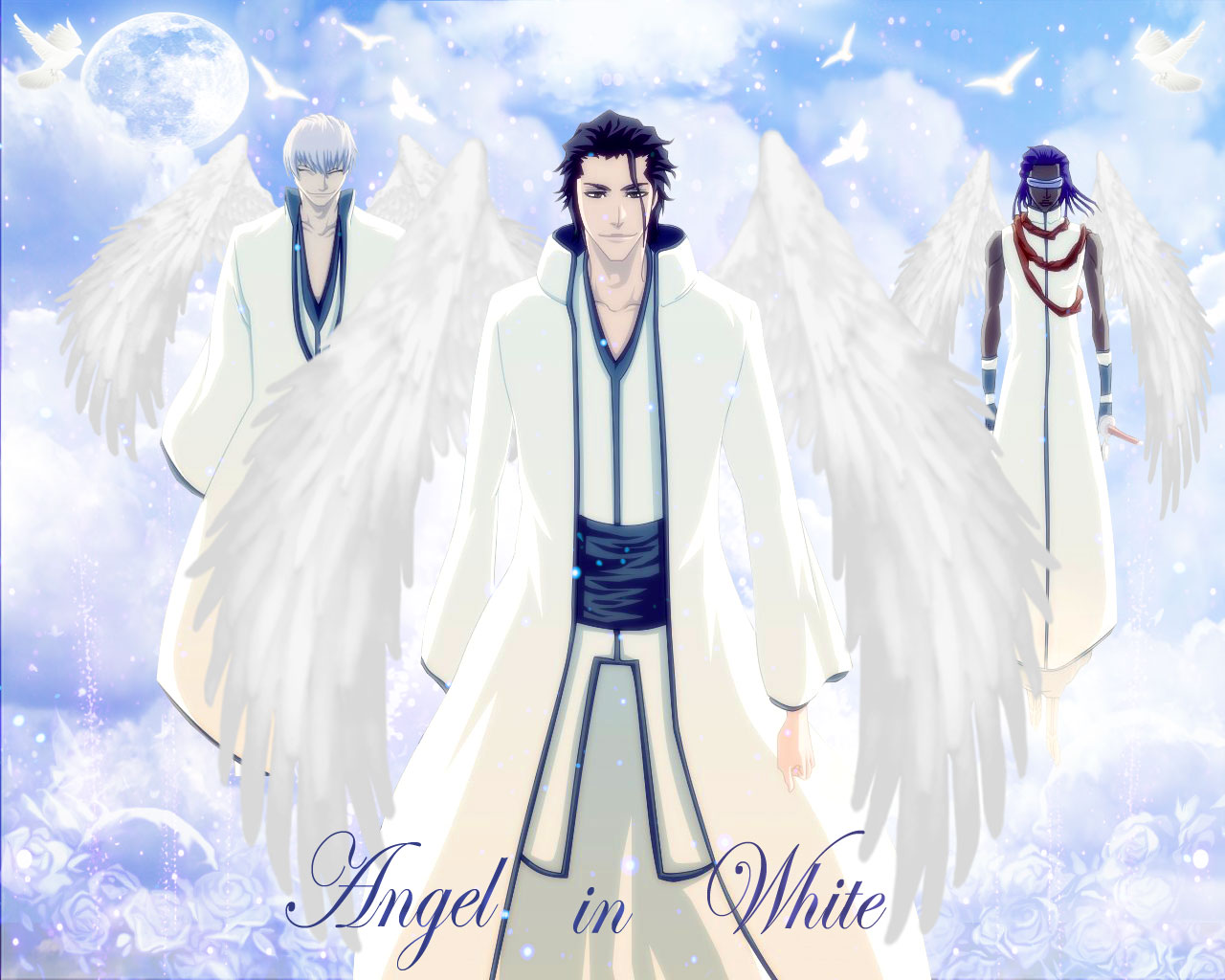 Three angels in white robes with wings HD Wallpaper
