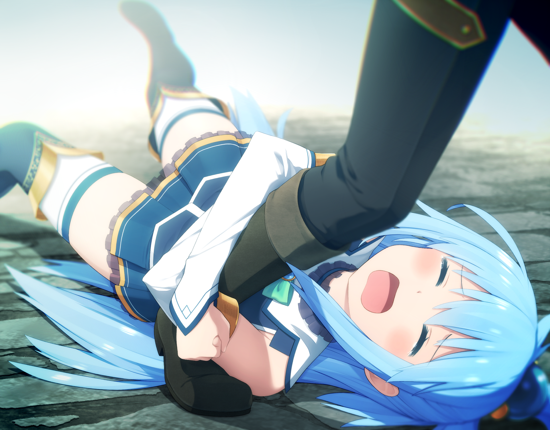 Aqua from KonoSuba lying on the ground HD Wallpaper
