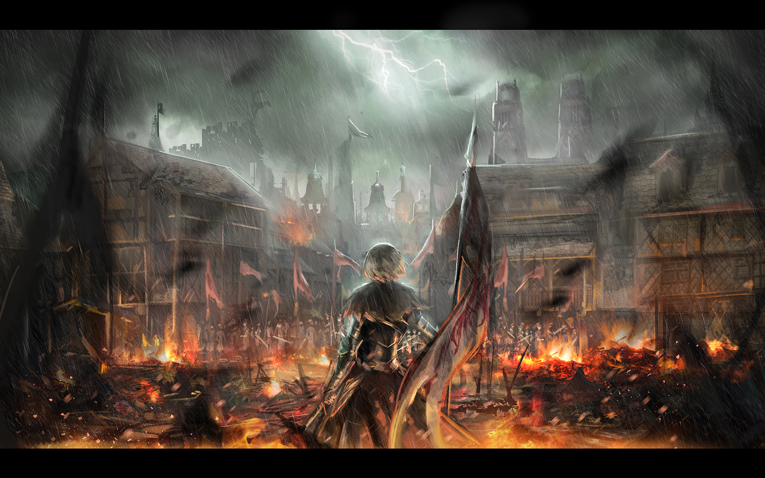 Jeanne d'Arc from Fate Series in a burning city HD Wallpaper
