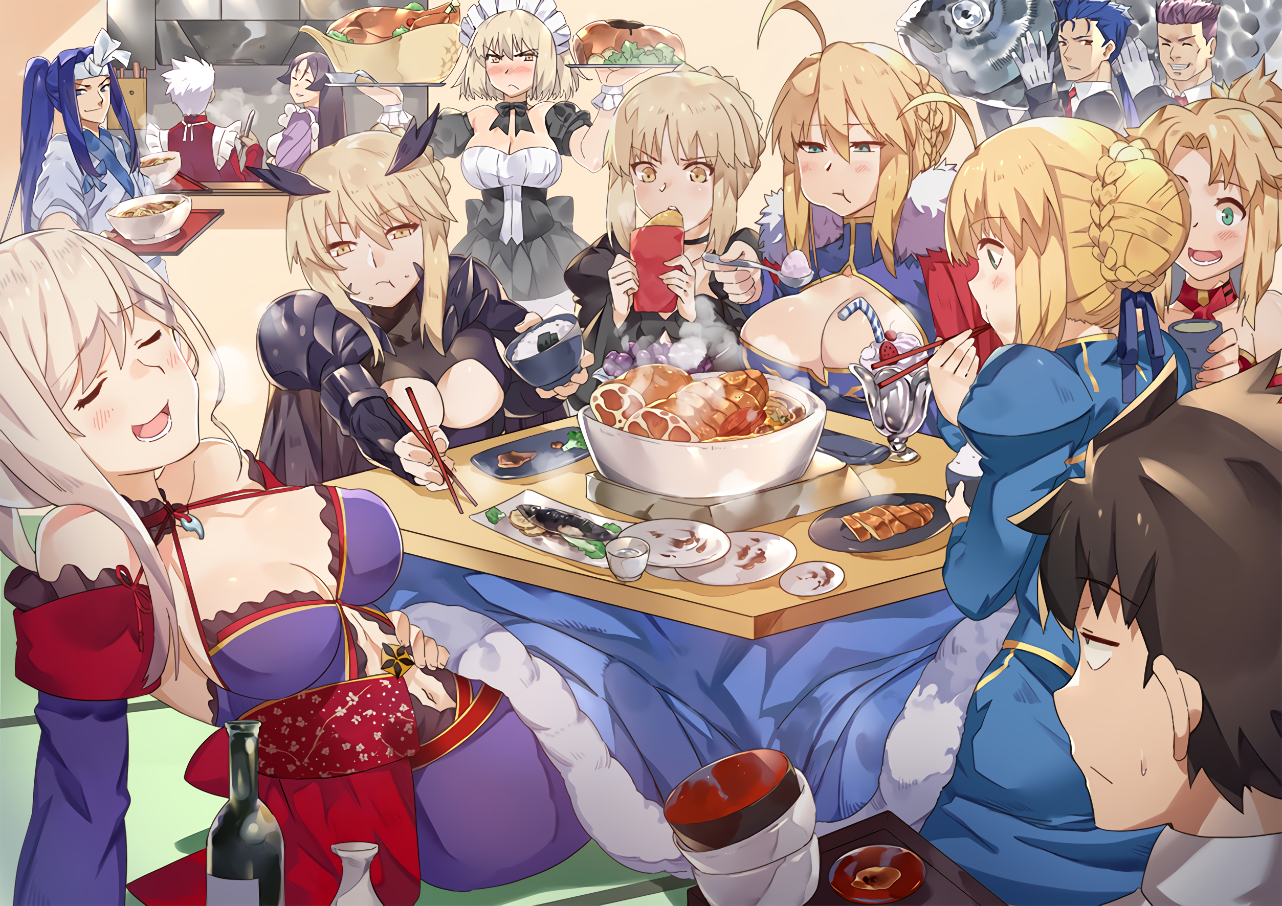 Characters from Fate Series enjoying a meal HD Wallpaper