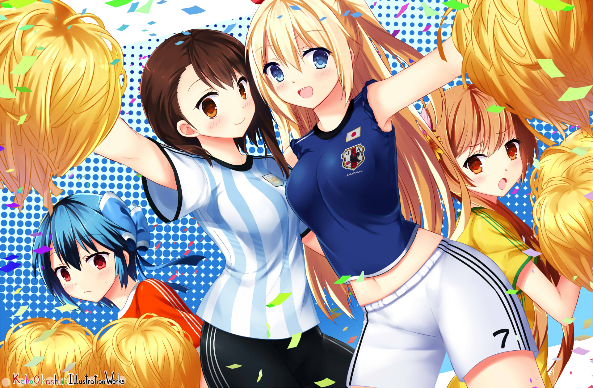 Anime girls in soccer jerseys with pom-poms HD Wallpaper