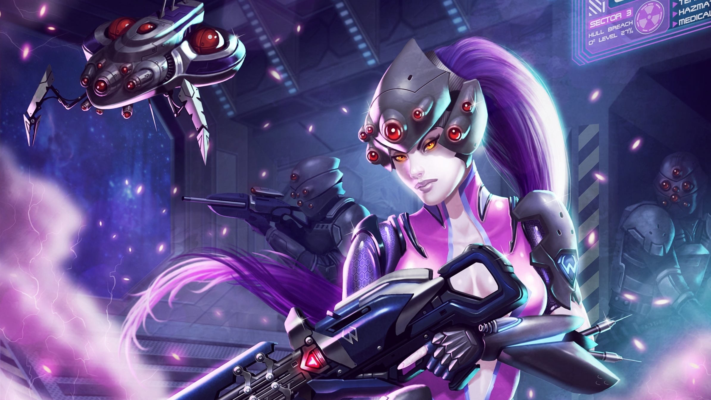 Widowmaker from Overwatch with allies and drone HD Wallpaper