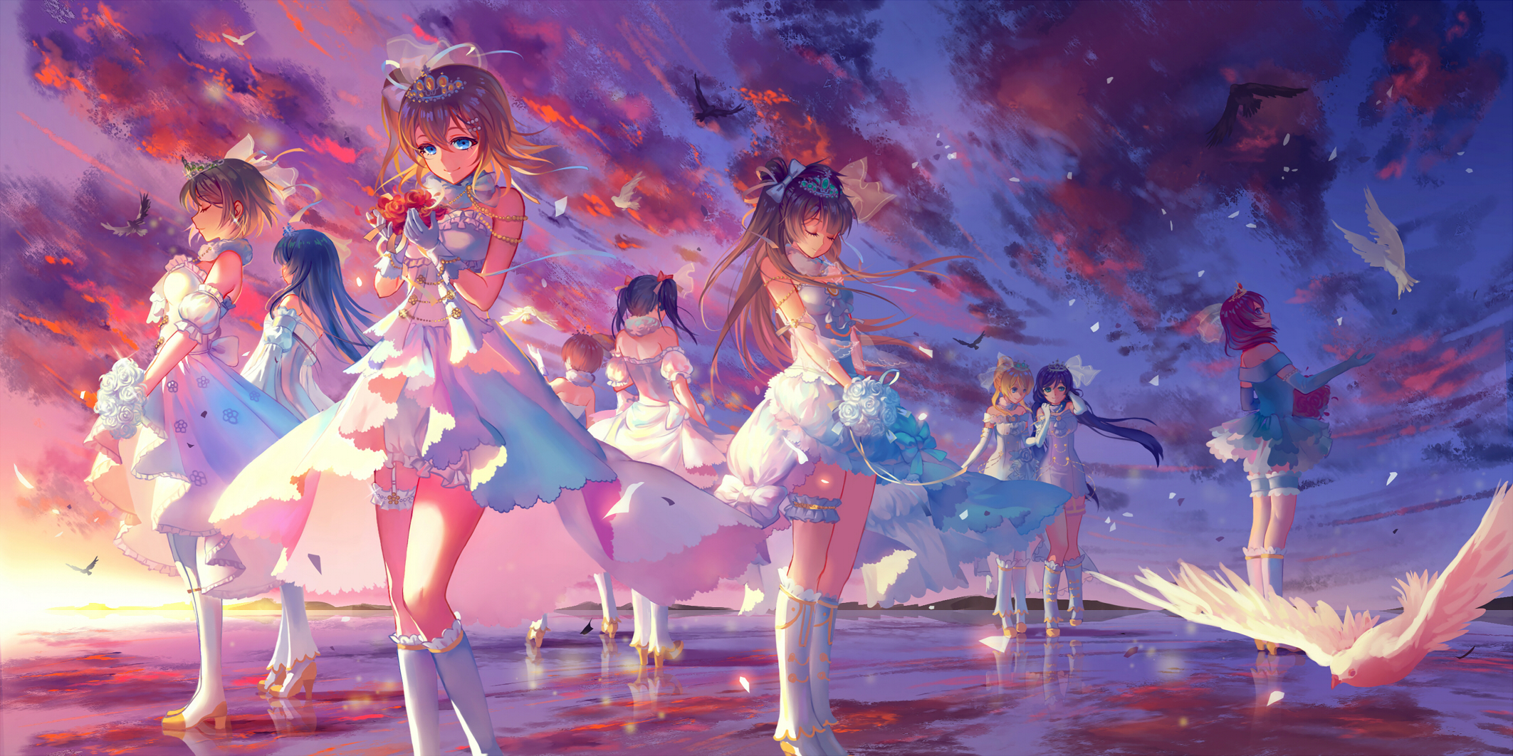 Maki Nishikino and friends in wedding dresses at sunset HD Wallpaper
