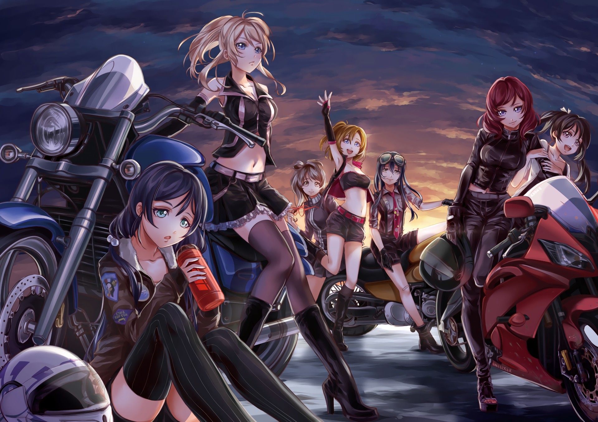 Maki Nishikino and friends with motorcycles HD Wallpaper