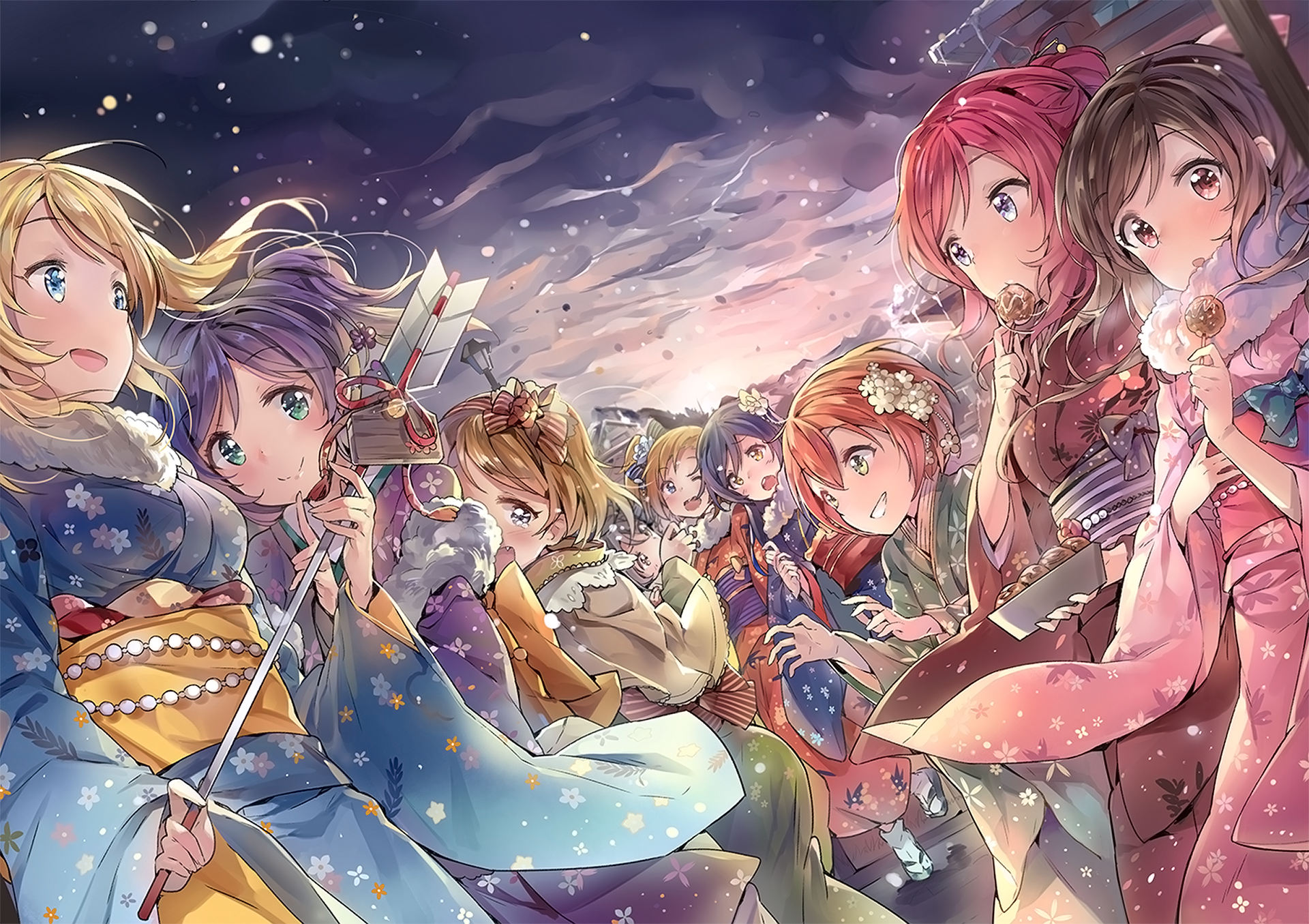 Maki Nishikino and friends in kimonos HD Wallpaper