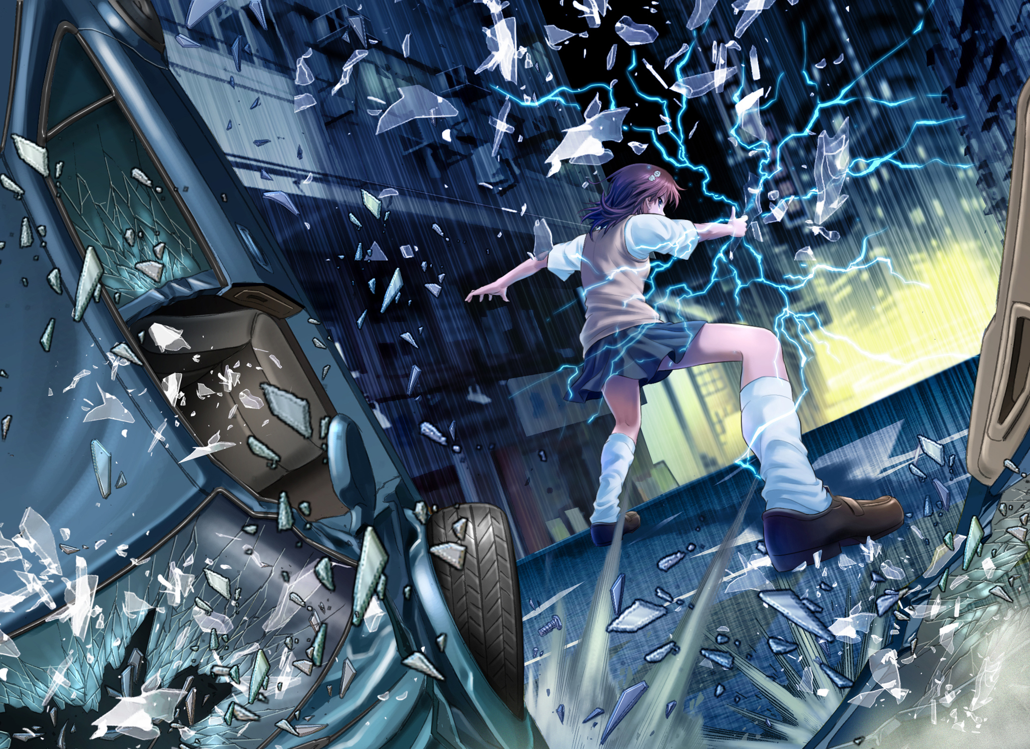 Mikoto Misaka using electricity in a destroyed city HD Wallpaper