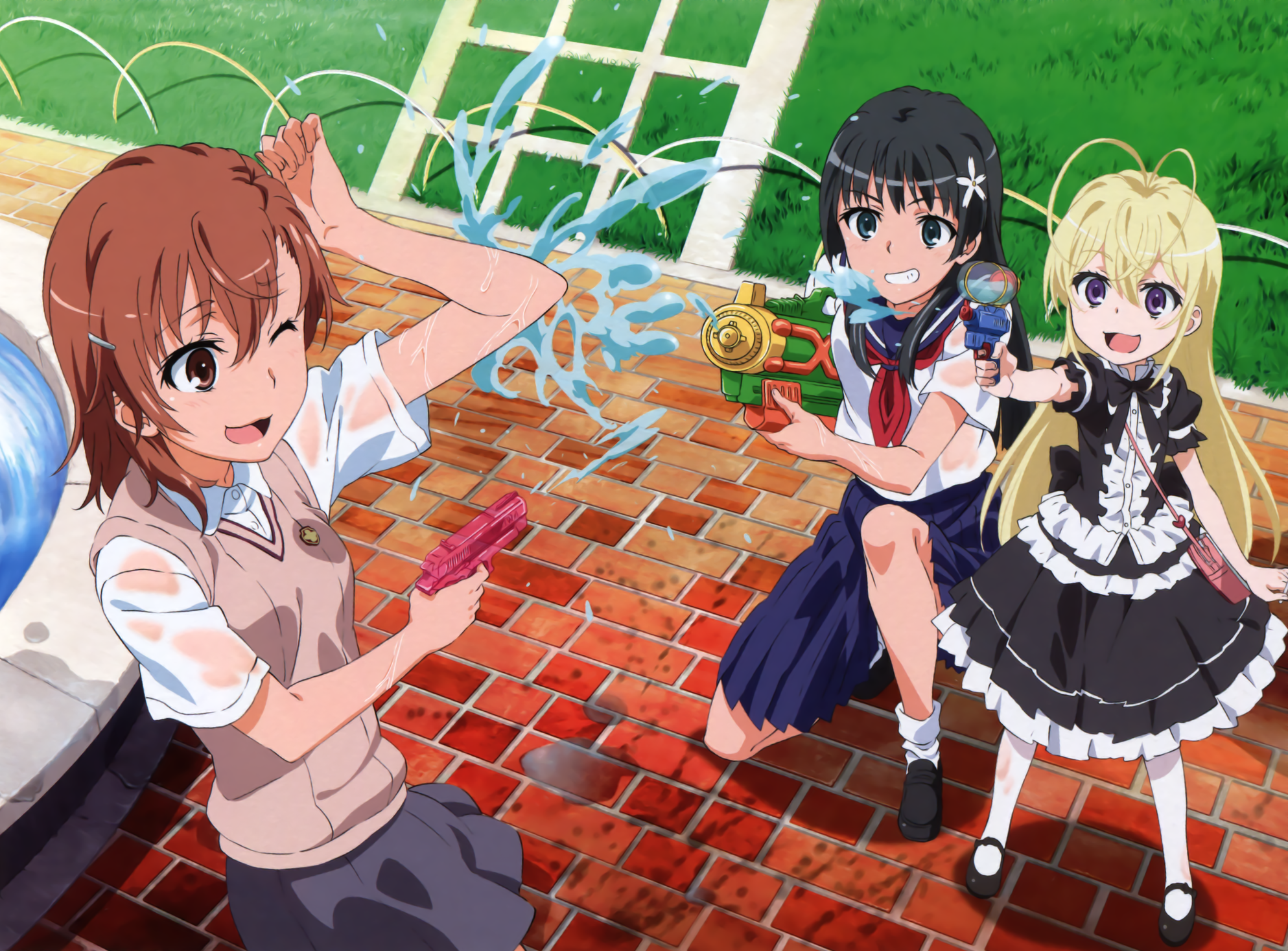 Mikoto Misaka and friends having a water gun fight HD Wallpaper