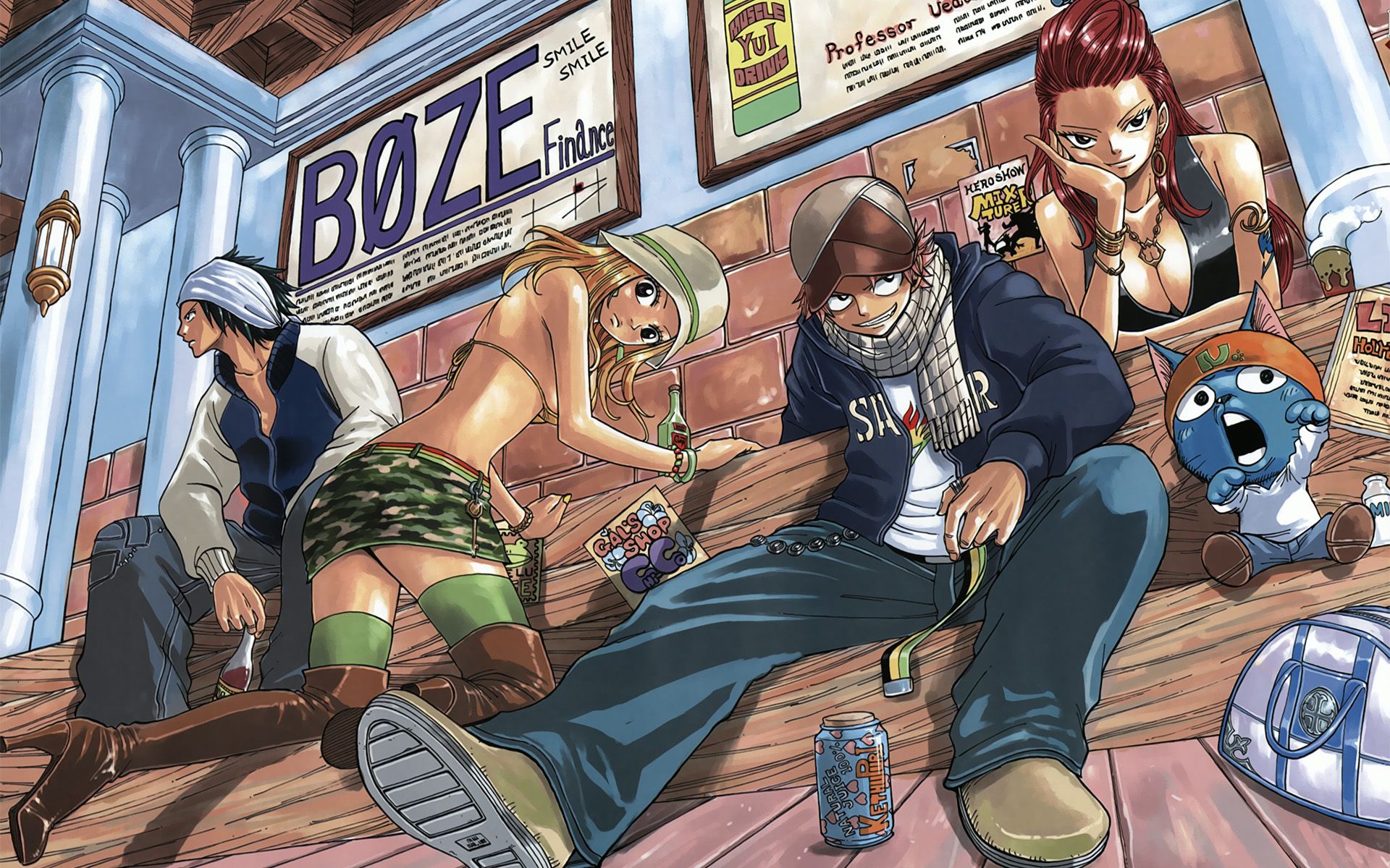 Fairy Tail characters sitting on a wooden bench HD Wallpaper