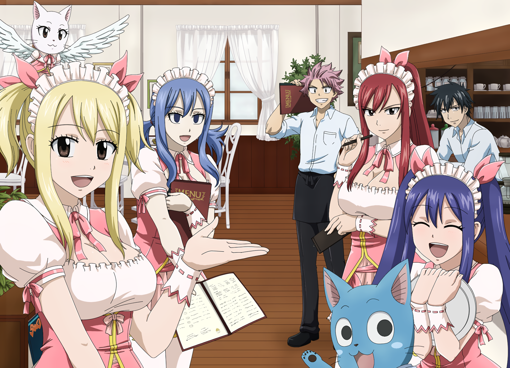 Fairy Tail characters in maid outfits at a cafe HD Wallpaper