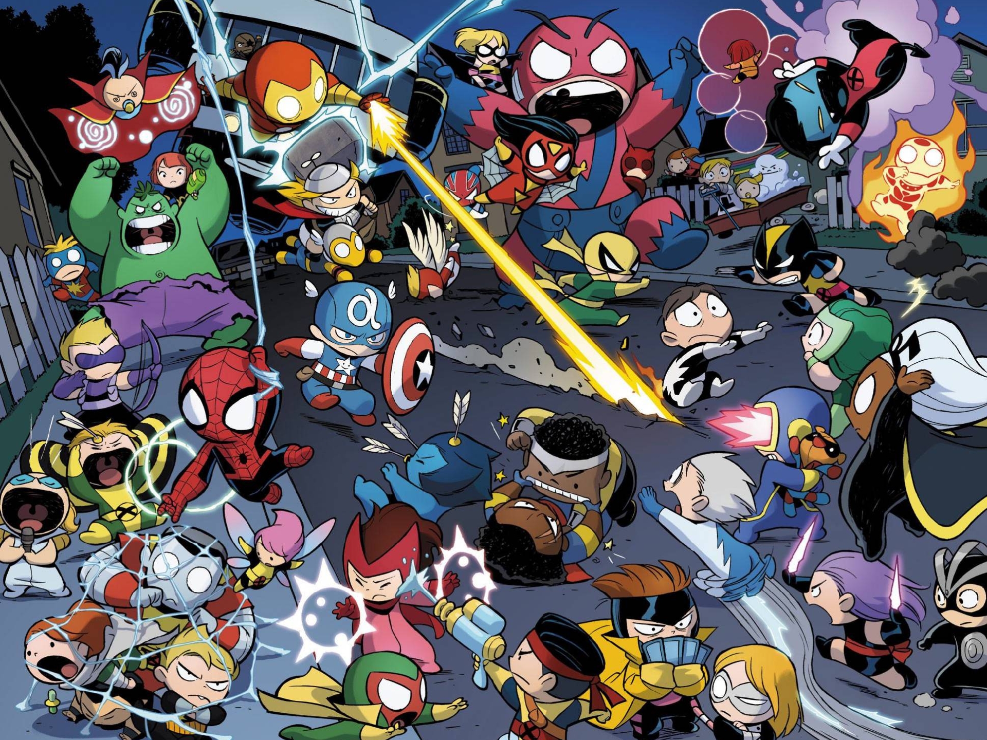Chibi Marvel Heroes fighting on a street HD Wallpaper