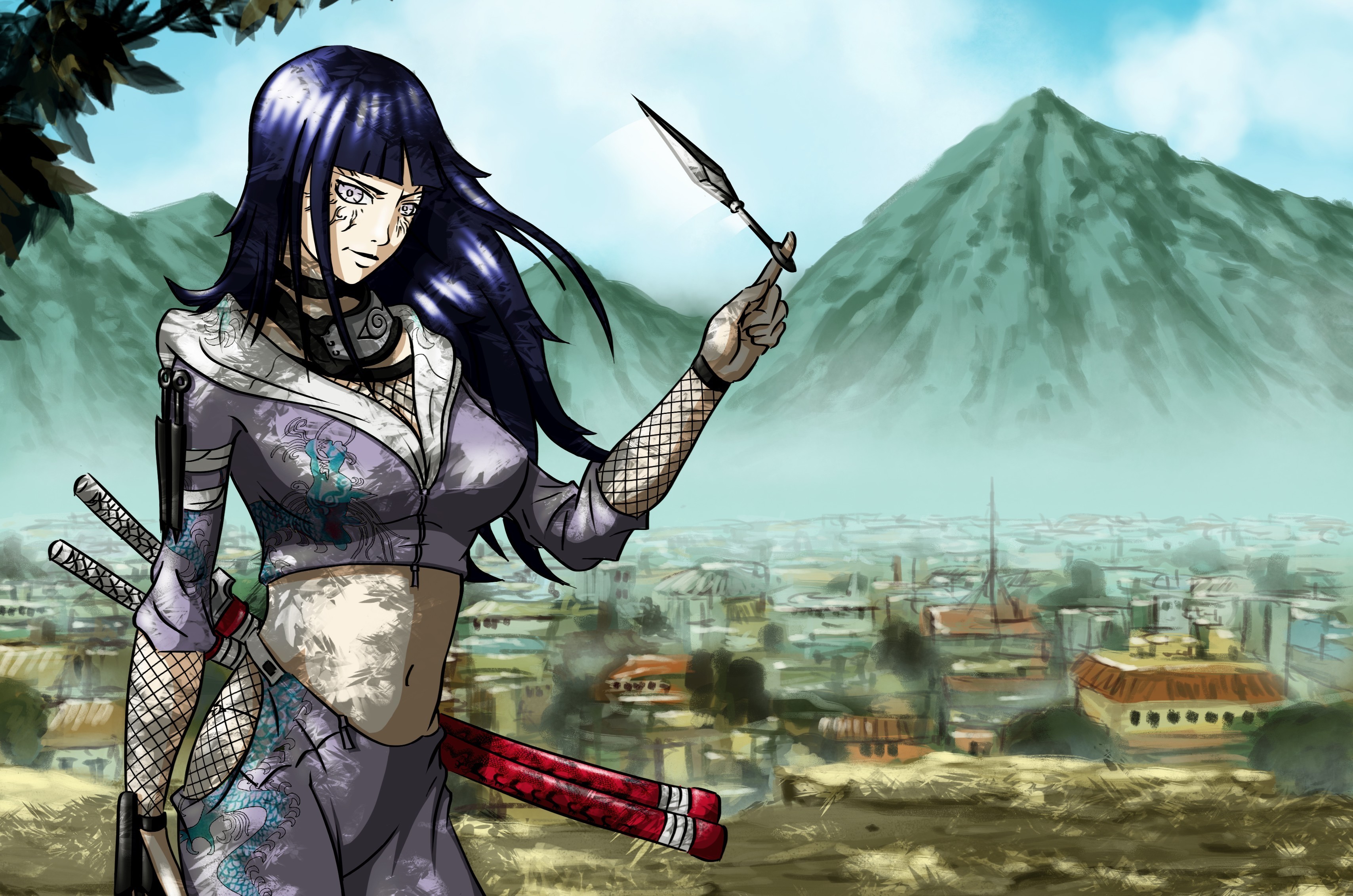 Hinata Hyuga holding a kunai in a village HD Wallpaper