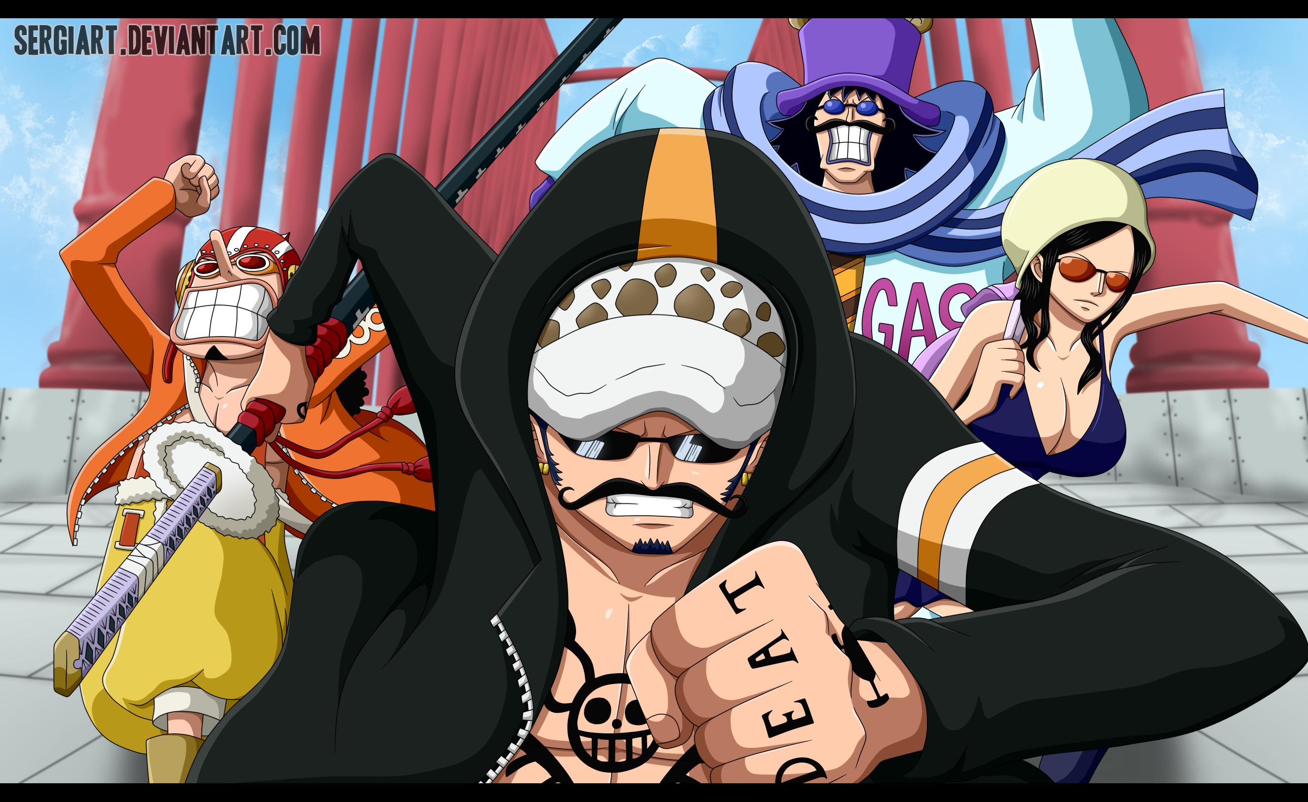 One Piece characters Trafalgar Law, Usopp, Nico Robin, and Buggy HD Wallpaper