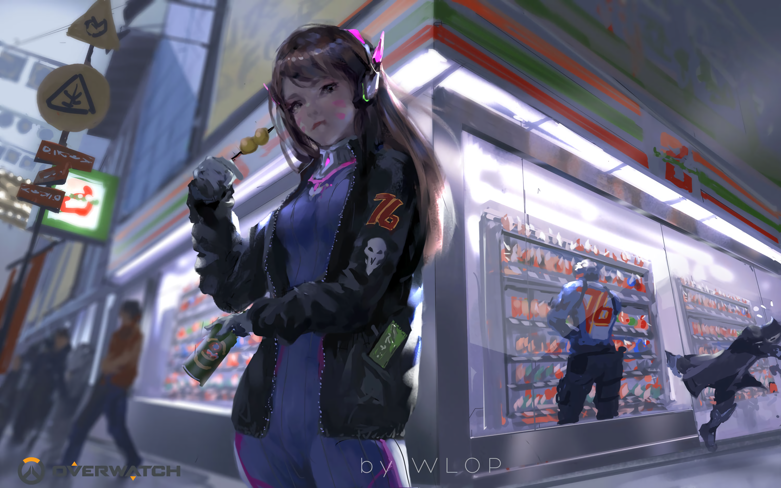 D.Va from Overwatch eating street food in a convenience store HD Wallpaper