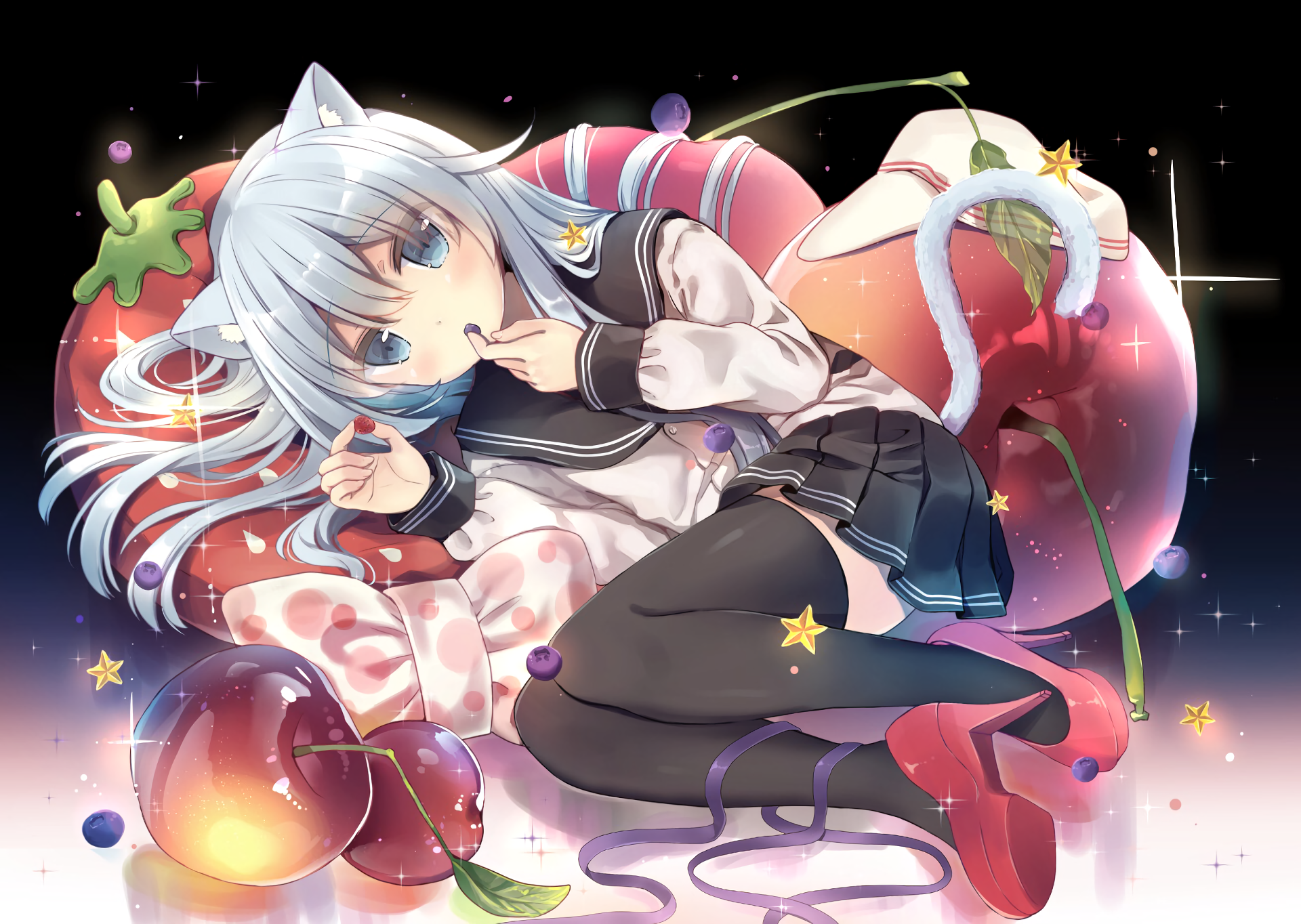 Neko Girl in School Uniform with Cherries HD Wallpaper