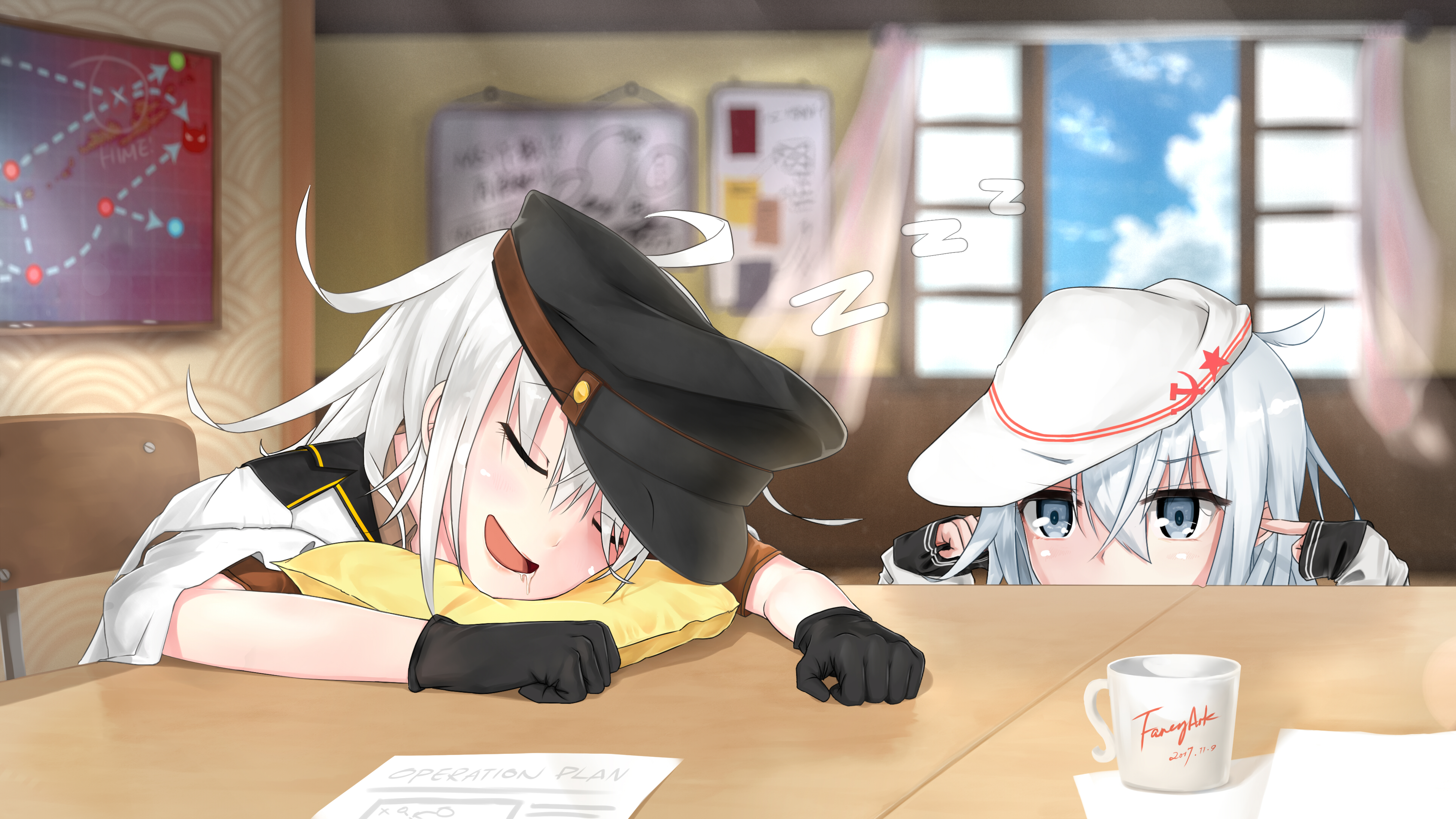 Hibiki from Kancolle sleeping at a desk HD Wallpaper
