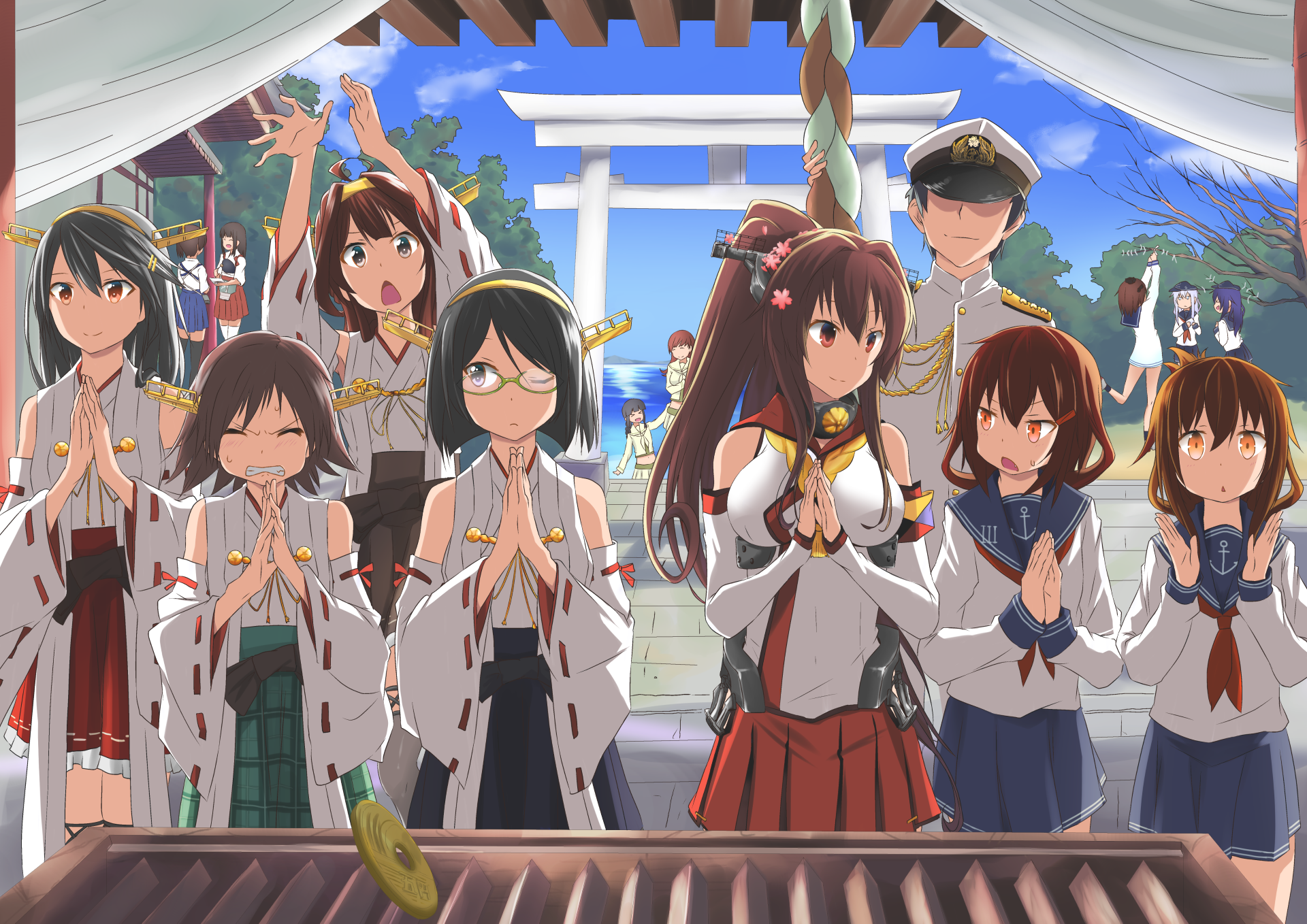 Girls from Kantai Collection praying at a shrine HD Wallpaper