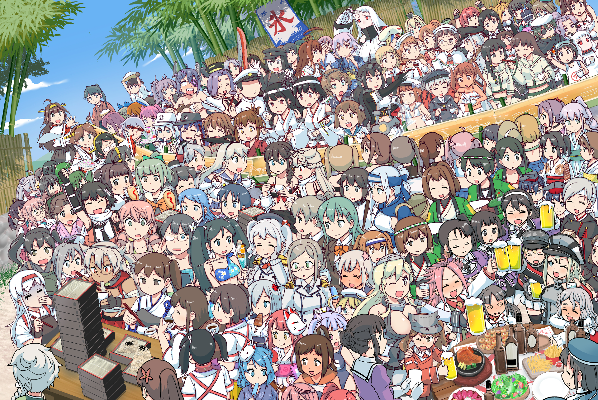 Girls from Kantai Collection celebrating at a festival HD Wallpaper