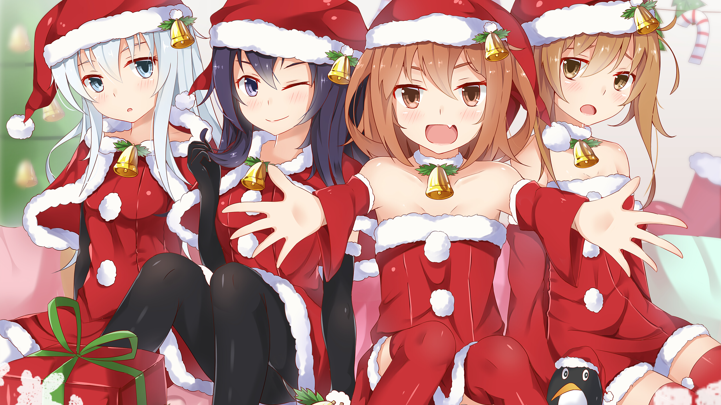 Four anime girls in Santa outfits HD Wallpaper