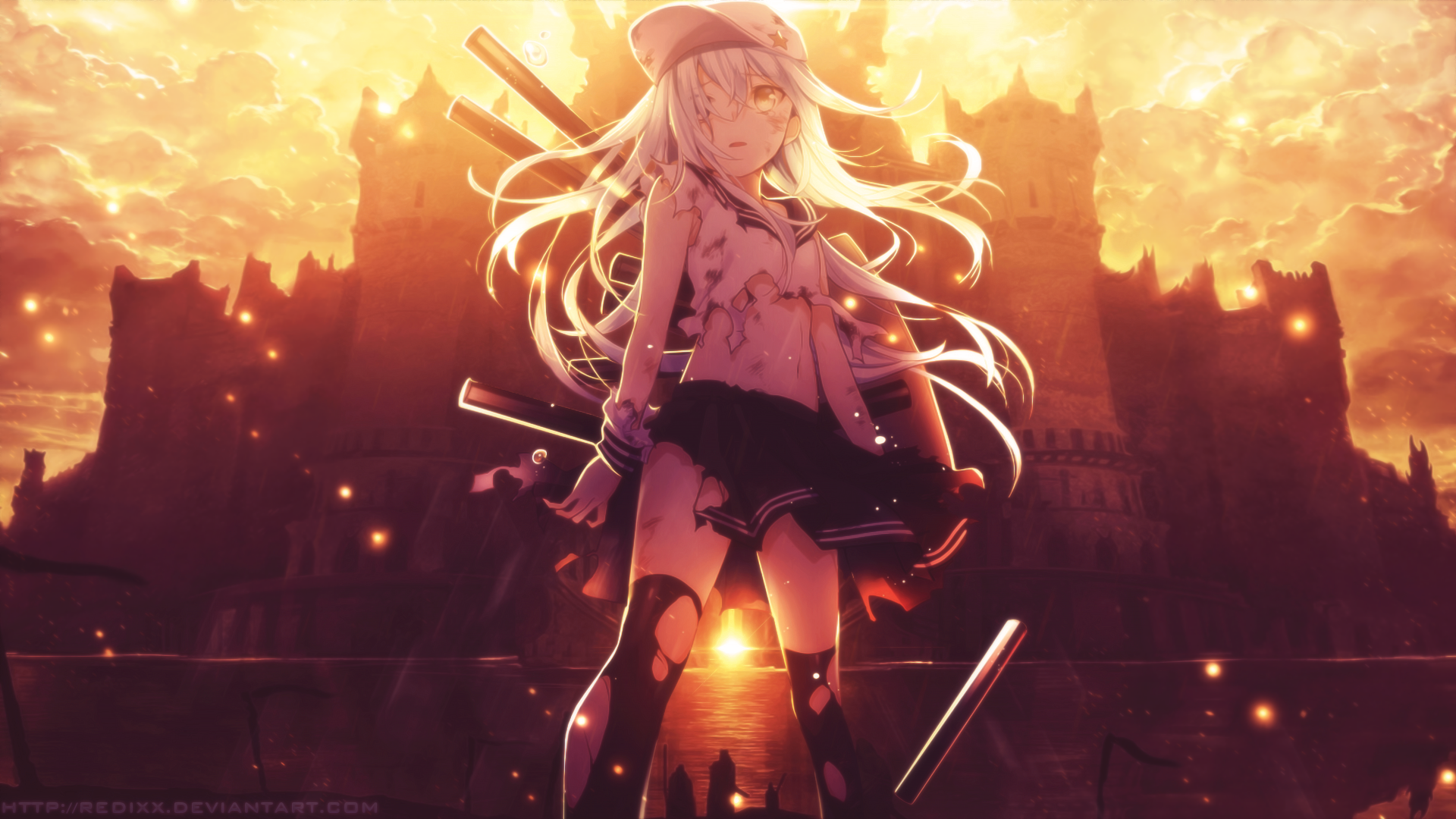 Hibiki from Kancolle in front of a castle HD Wallpaper