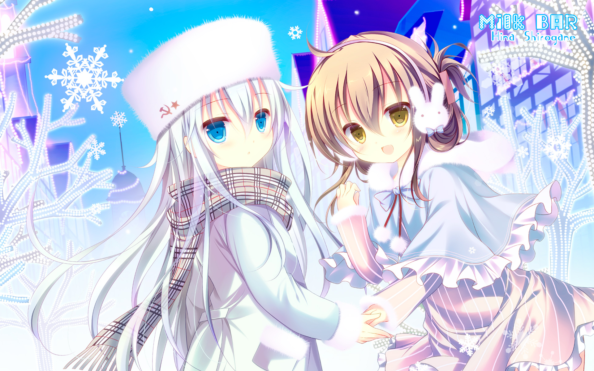 Two anime girls in winter attire with snowflakes and lights HD Wallpaper
