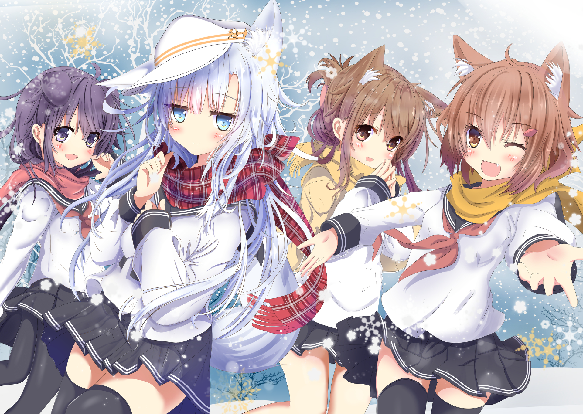 Four anime girls in winter school uniforms HD Wallpaper