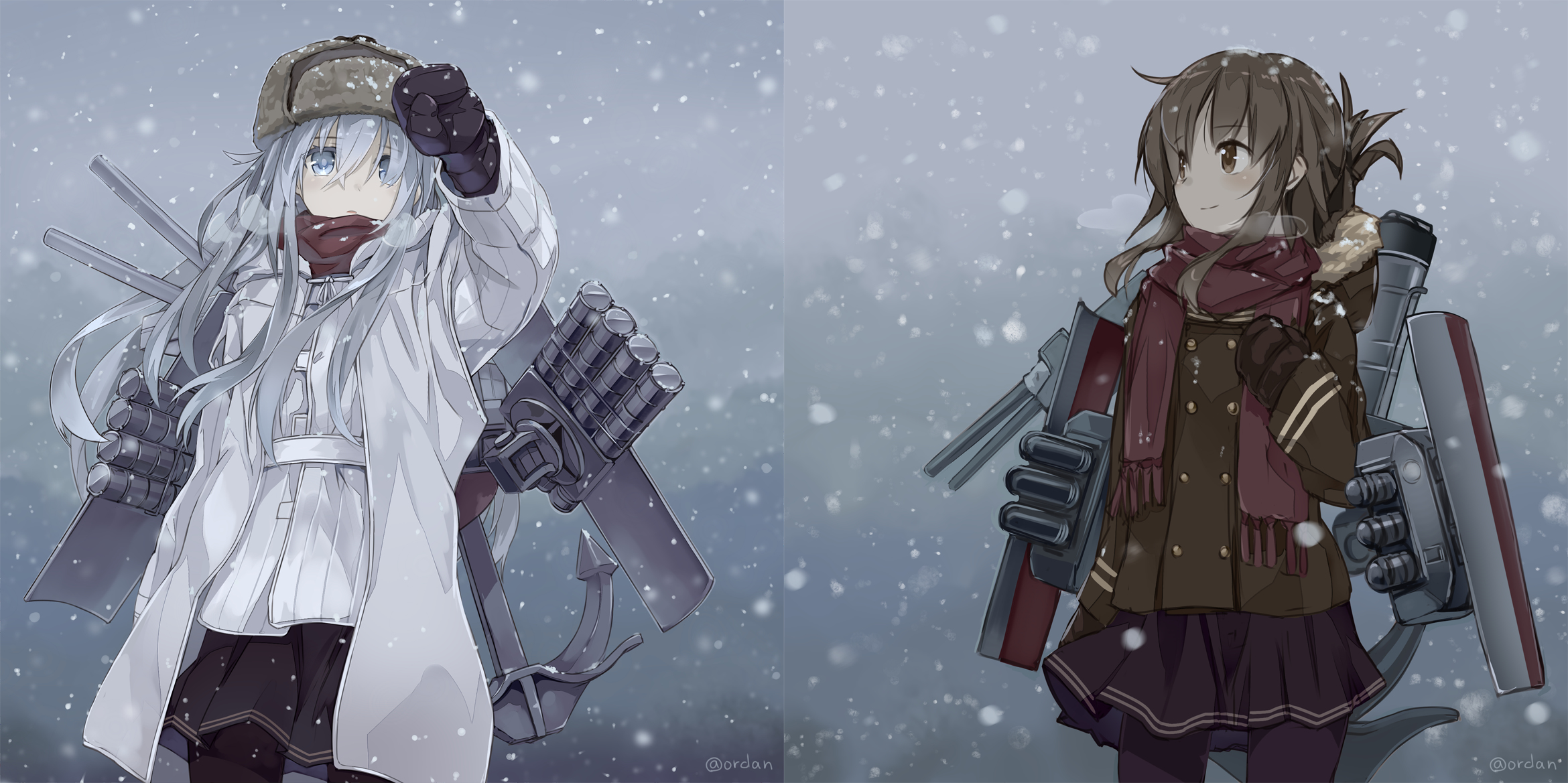 Two anime girls in winter attire with ship parts HD Wallpaper
